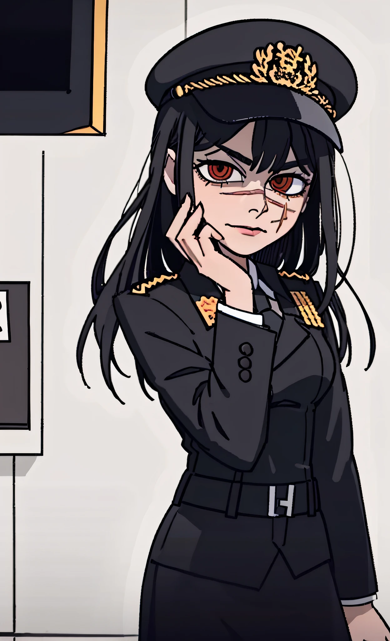 (masterpiece, best quality: 1.2), Solo, 1girl, Yoru \(Chainsaw Man\), looking at the viewer, different poses, red eye, long hair, completely black hair, reference to clothing of a German WWII general, black long sleeves (best quality), scar on face, beautiful eyes, has only 2 arms, has war medals on his clothes, Black Military Cap, Golden Eagle Medal on Clothing, (Wallpaper), (8K HD), (8K HD), Golden Shoulder Pads, Sprites, 1 Single Design