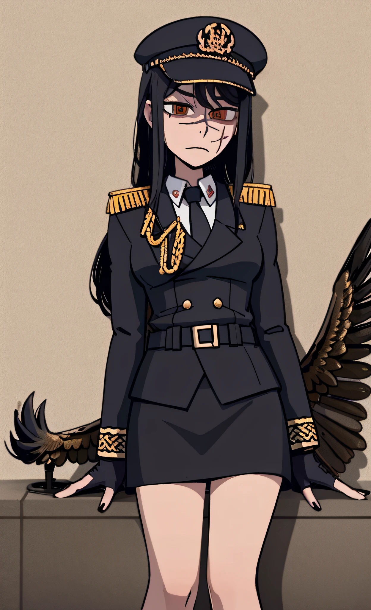 (masterpiece, best quality: 1.2), Solo, 1girl, Yoru \(Chainsaw Man\), looking right, disappointment, sad, different poses, red eye, long hair, completely black hair, reference to dress of a German general of World War II, black long sleeves, black tie, clanca shirt, (best quality), scar on face, beautiful eyes, has only 2 arms, has war medals on his clothes, Black Military Cap, Golden Eagle Medal on Clothing, (wallpaper), (8K HD), (8K HD), Golden shoulder pads, Sprites, 1 single design