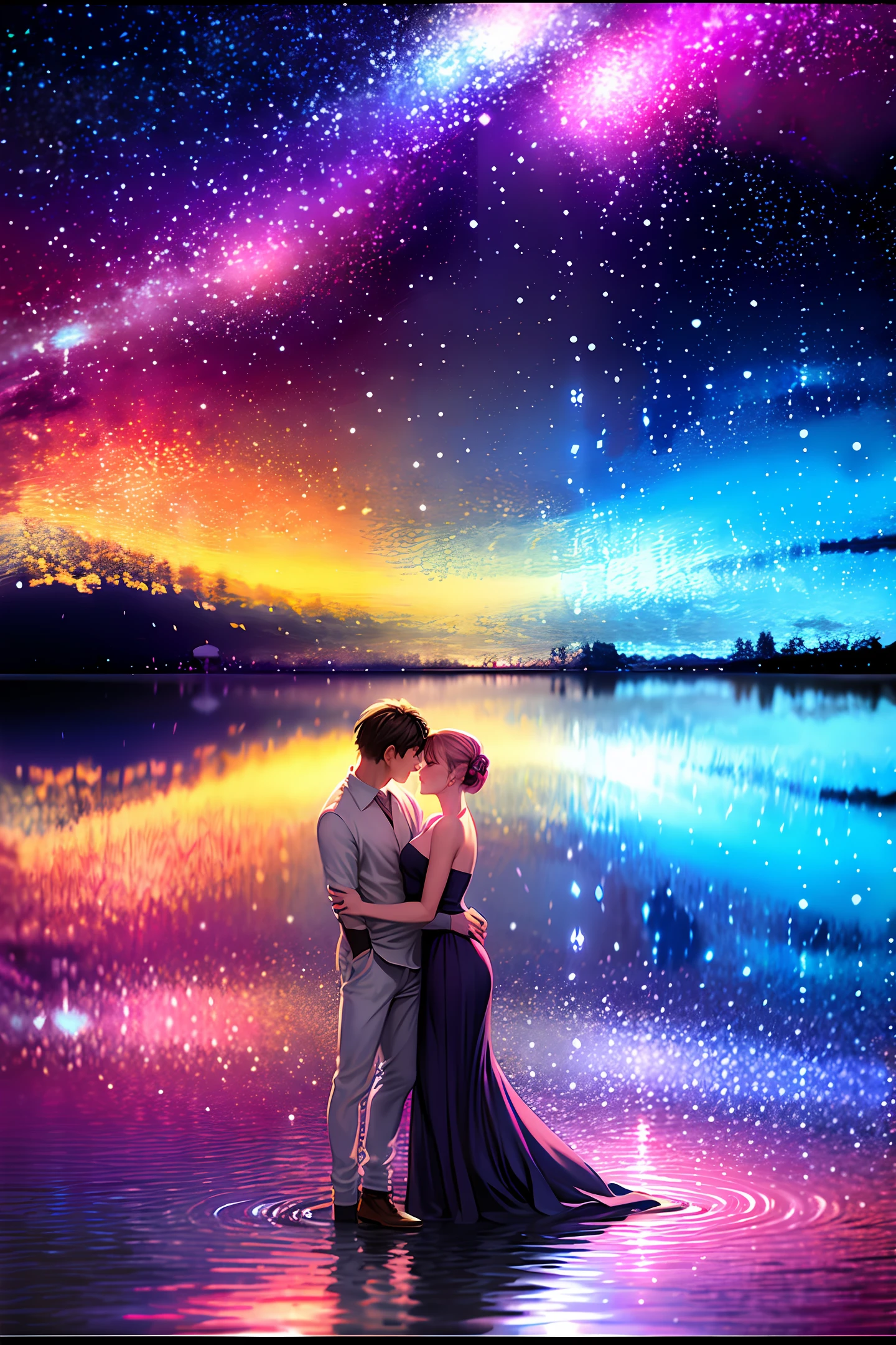 Best quality, maximum resolution, super realistic, super detailed. A couple dancing standing on a rock in front of a lake under rain, while showers of hearts fall from the sky. Magnificent background, extraordinary colorful landscape, magical colors and atmosphere, stunning light reflections, beautifully lit landscape, magical colors and atmosphere, breathtaking colors, bright reflections, colorful photo, rainbow reflection, colors reflecting on the lake, beautiful UHD 4K art, beautiful backgrounds