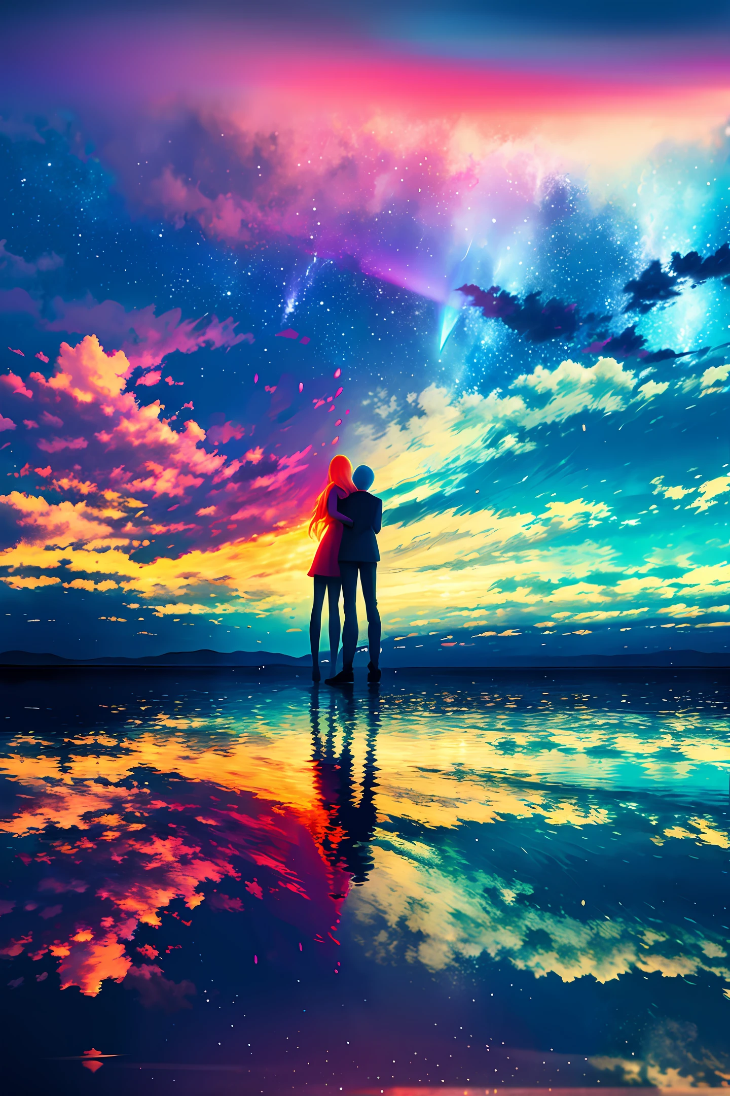 Best quality, maximum resolution, super realistic, super detailed. A couple dancing standing on a rock in front of a lake under rain, while showers of hearts fall from the sky. Magnificent background, extraordinary colorful landscape, magical colors and atmosphere, stunning light reflections, beautifully lit landscape, magical colors and atmosphere, breathtaking colors, bright reflections, colorful photo, rainbow reflection, colors reflecting on the lake, beautiful UHD 4K art, beautiful backgrounds