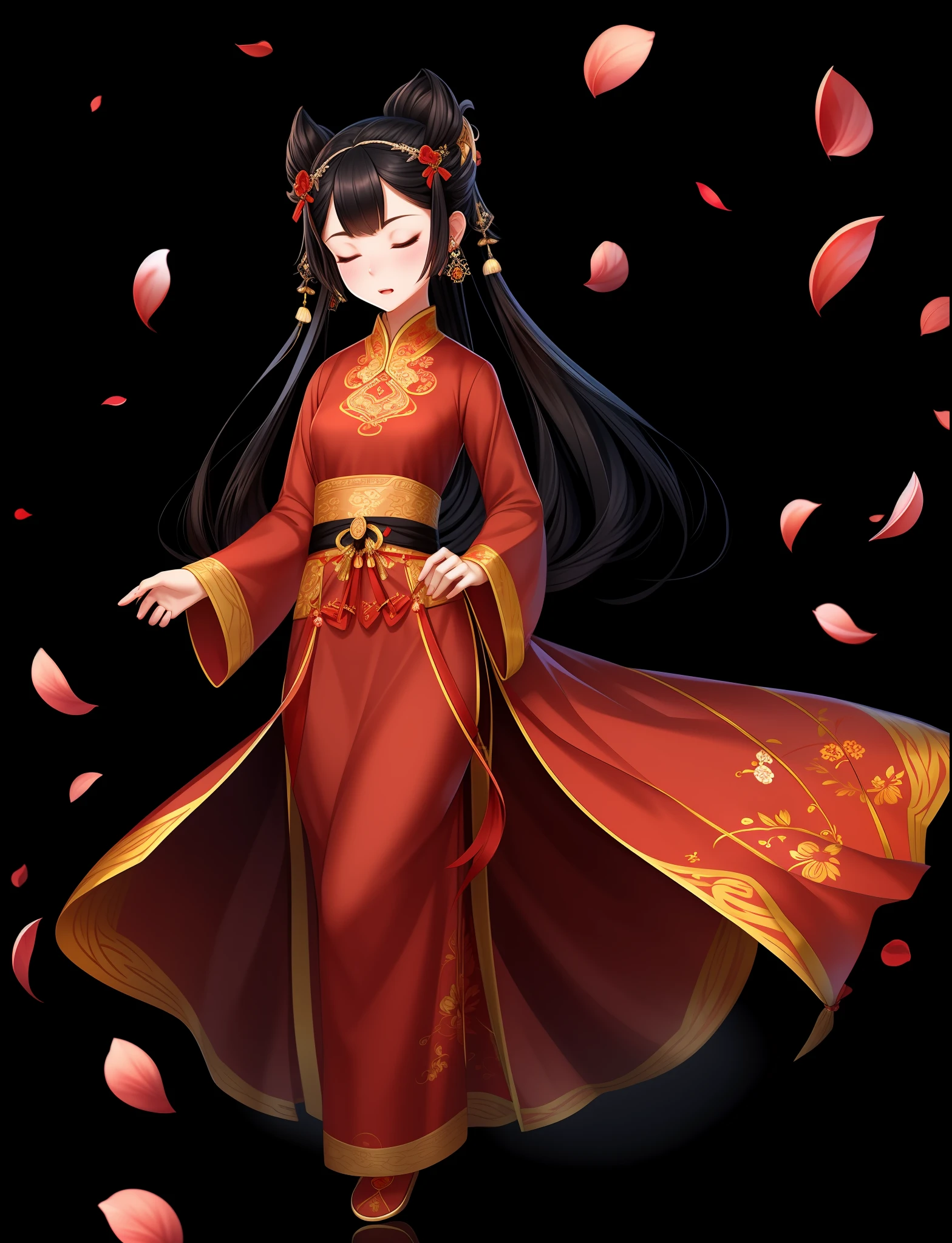 best quality,
1girl, solo, petals, closed eyes, hair ornament, dress, jewelry, black background, full body, black hair, long sleeves, red dress, sash, earrings, chinese clothes, floating hair, simple background, standing, closed mouth, hanfu
rackanimal,black background,