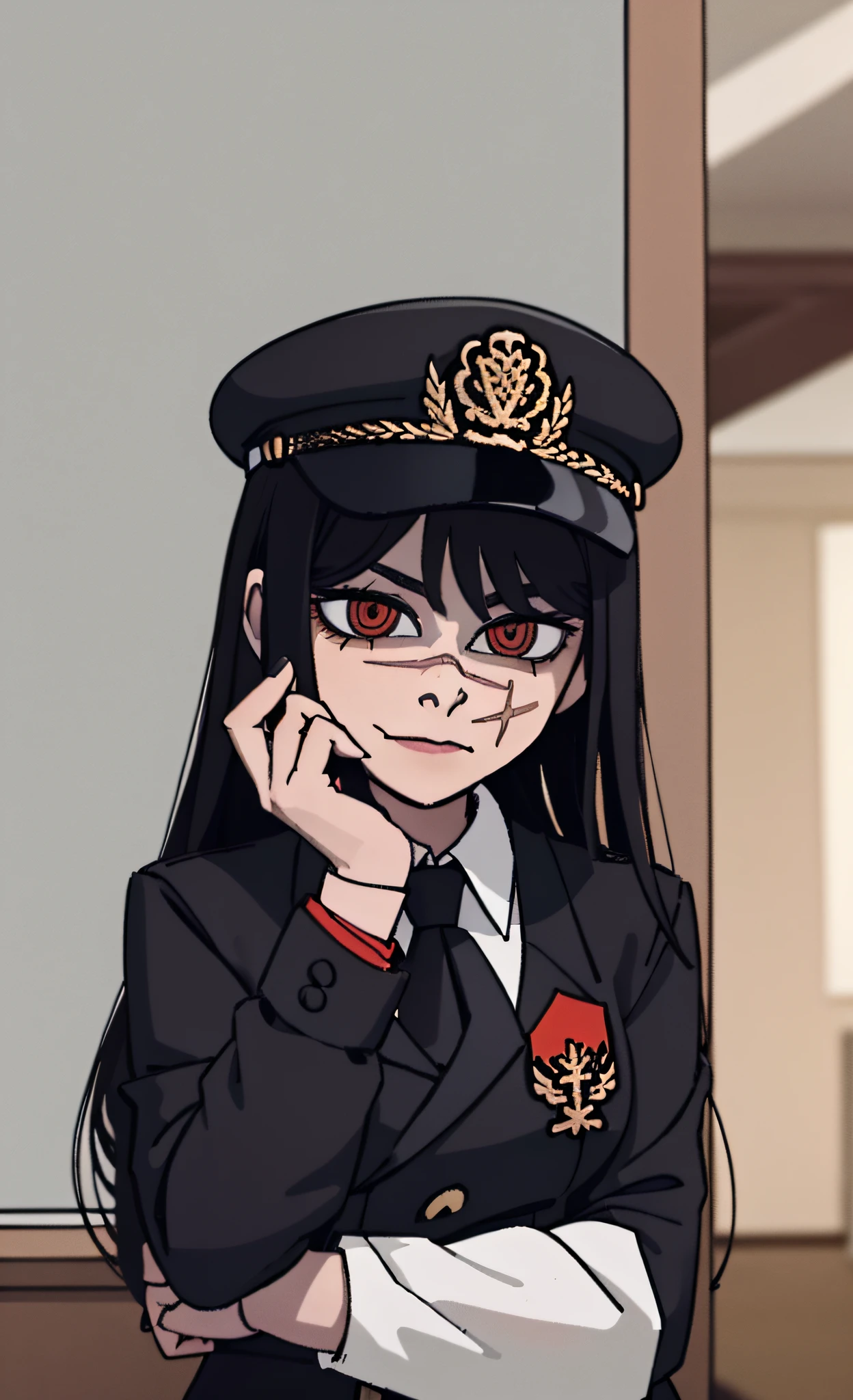 (masterpiece, best quality: 1.2), Solo, 1girl, Yoru \(Chainsaw Man\), looking left, different poses, red eye, long hair, completely black hair, reference to clothing of a German WWII general, black long sleeves (better quality), scar on face, beautiful eyes, has only 2 arms, has war medals on his clothes,  Black Military Cap, Golden Eagle Medal on Clothing, (Wallpaper), (8K HD), (8K HD), Golden Shoulder Pads, Sprites, 1 Single Design