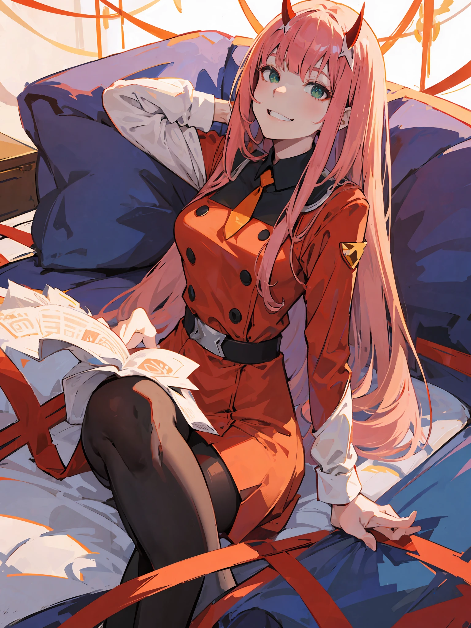 zero two \(darling in franxx\), darling in franxx, 1woman, smiling, sitting, bangs, biting, shadow, green eyes, hair behind head, horns, long hair, makeup, small breasts, long red dress, 2legs, orange tie, black buttons, belt, pantyhose, big thighs, pink hair, red eyeshadow, detailed background, bedroom, at home, bed