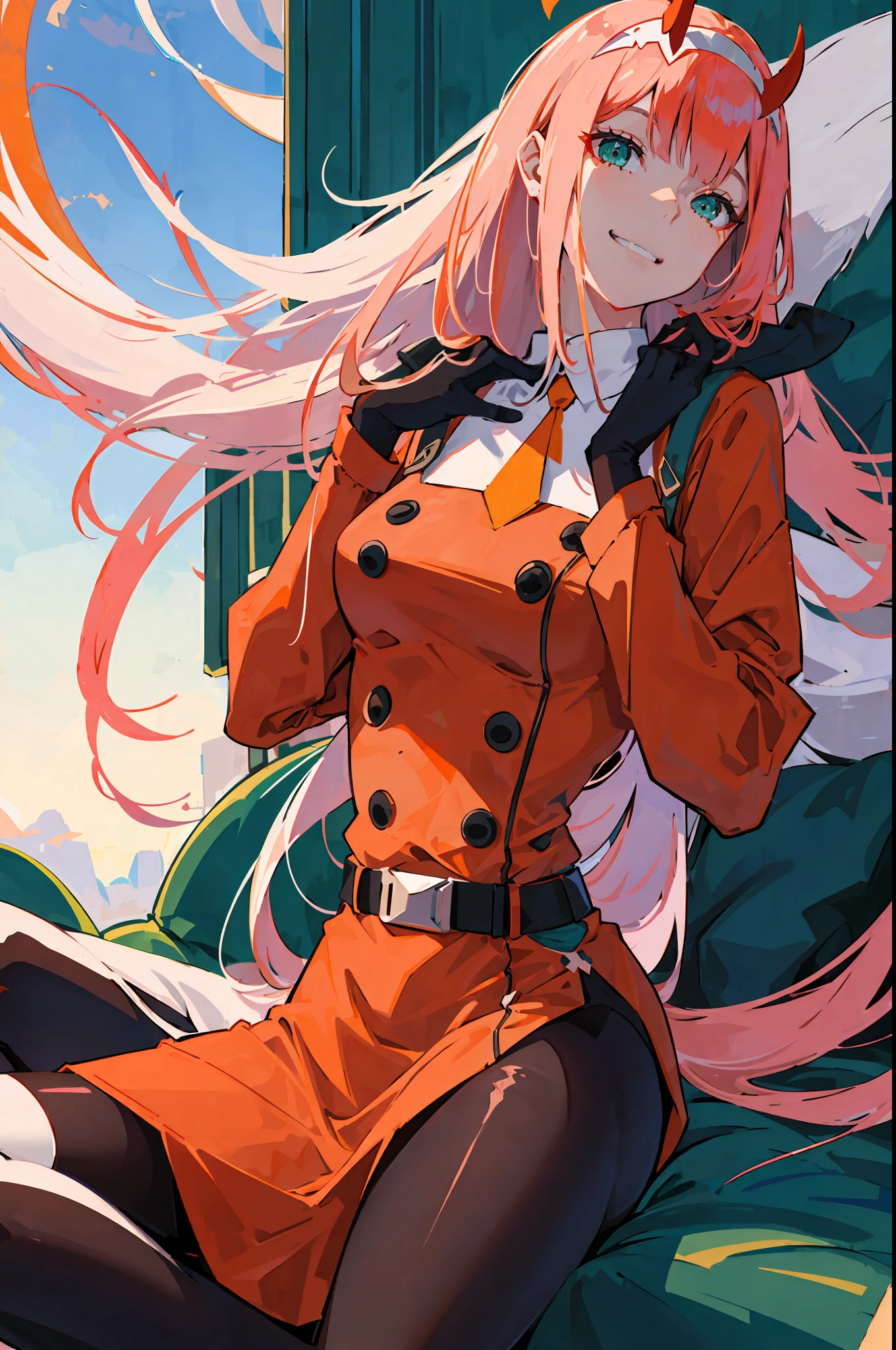 zero two \(darling in franxx\), darling in franxx, 1woman, smiling, sitting, bangs, biting, shadow, green eyes, hair behind head, horns, long hair, makeup, small breasts, red dress, orange tie, black buttons, belt, pantyhose, big thighs, pink hair, red eyeshadow, detailed background, bedroom, home, bed