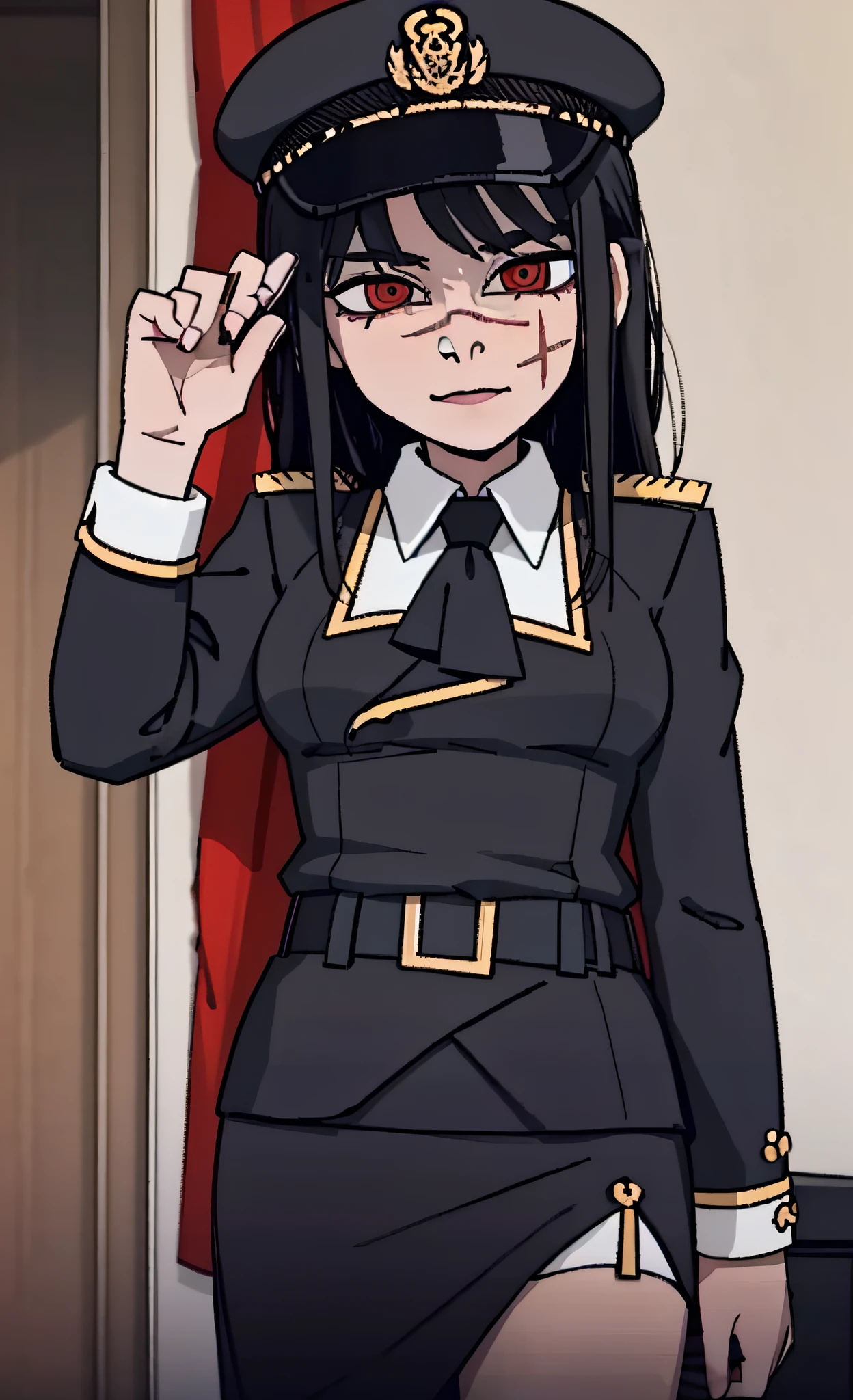 (masterpiece, best quality: 1.2), Solo, 1girl, Yoru \(Chainsaw Man\), looking at the viewer, disappointment, sad, different poses, red eye, long hair, completely black hair, reference to clothing of a German WWII general, black long sleeves (best quality), scar on face, beautiful eyes, has only 2 arms, has war medals on his clothes,  Black Military Cap, Golden Eagle Medal on Clothing, (Wallpaper), (8K HD), (8K HD), Golden Shoulder Pads, Sprites, 1 Single Design