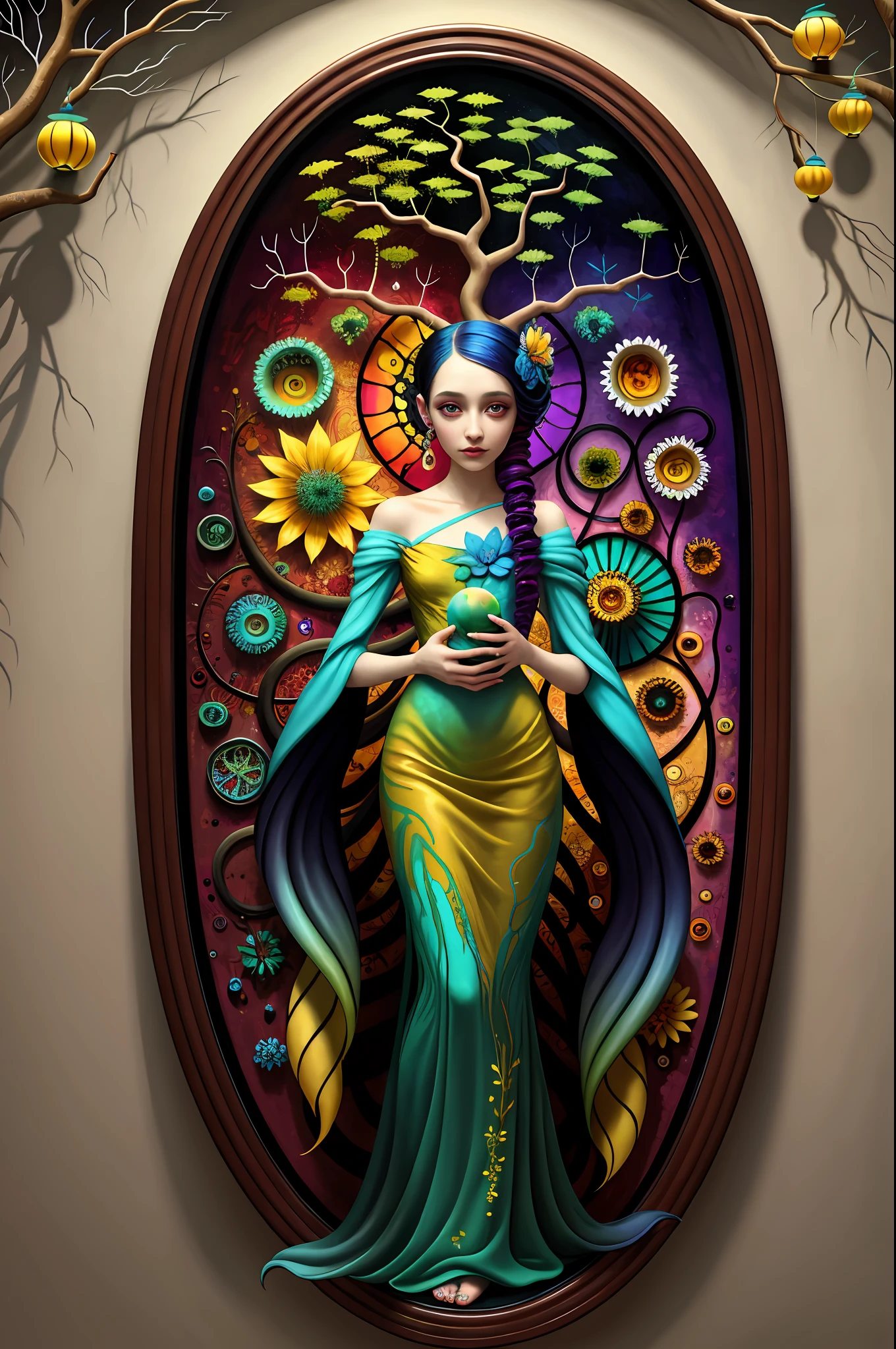 colorpop style, natalie shau, mark ryden, alberto seveso, brooke shaden, anna dittmann, flora borsi, yin and yang anthill, ant, lily, insect, fern, beautiful full body photo with oil painting, with thick brushstrokes and wet paint, fibonacci, golden ratio, melted wax, visible brush strokes, surrounded by crystal balls, 3D mosaic wireframe, neural graphics, neurons, tree of life, color, love, passion, oil on canvas, thick brushstrokes, crazy details, 8k uhd, masterpiece, art station, surrealism