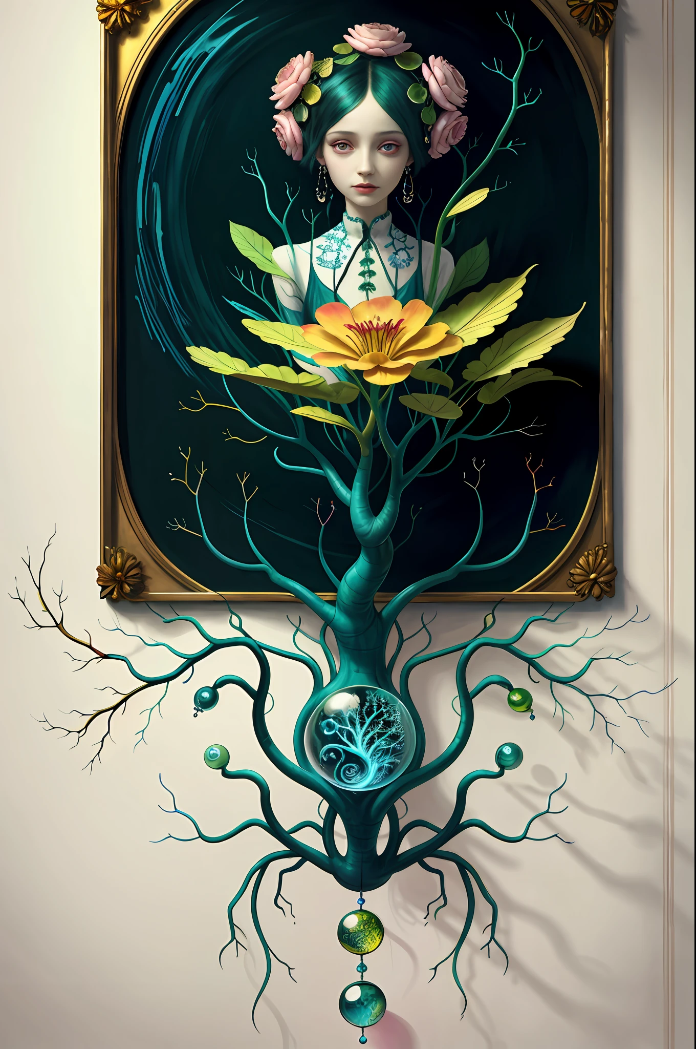 colorpop style, natalie shau, mark ryden, alberto seveso, brooke shaden, anna dittmann, flora borsi, yin and yang anthill, ant, lily, insect, fern, beautiful full body photo with oil painting, with thick brushstrokes and wet paint, fibonacci, golden ratio, melted wax, visible brush strokes, surrounded by crystal balls, 3D mosaic wireframe, neural graphics, neurons, tree of life, color, love, passion, oil on canvas, thick brushstrokes, crazy details, 8k uhd, masterpiece, art station, surrealism