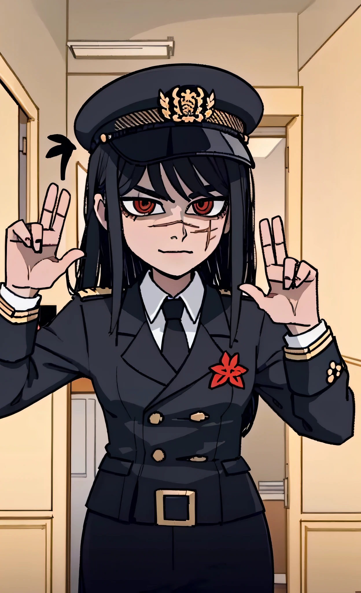 (masterpiece, best quality: 1.2), Solo, 1girl, Yoru \(Chainsaw Man\), looking at the viewer, disappointment, sad, different poses, red eye, long hair, completely black hair, reference to clothing of a German WWII general, black long sleeves (best quality), scar on face, beautiful eyes, has only 2 arms, has war medals on his clothes, Black Military Cap, Golden Eagle Medal on Clothing, (Wallpaper), (8K HD), (8K HD), Golden Shoulder Pads, Sprites, 1 Single Design