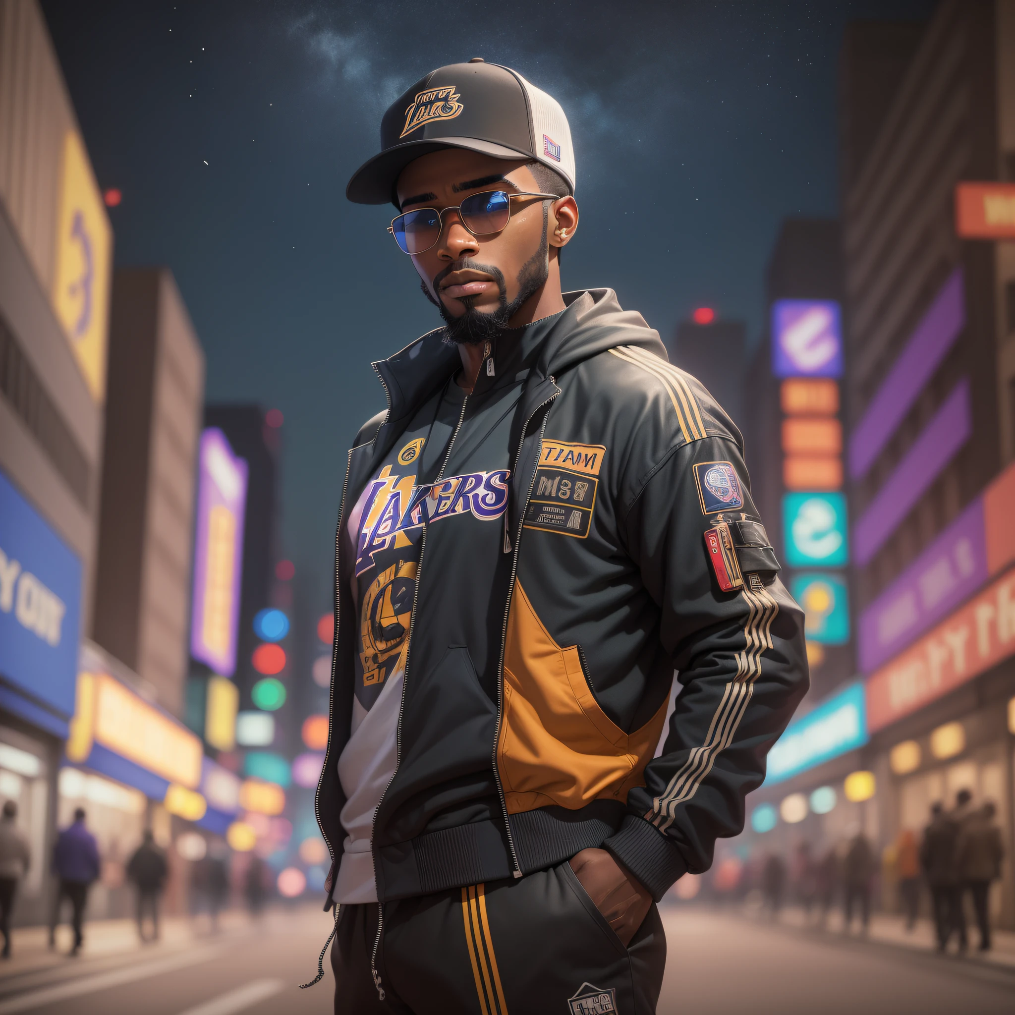 "Young black man, with a short, drawn beard, in a Basquet jacket with the Lakers' colors, a cap and sunglasses, standing on a deserted night street. The environment is dark, with lighting that highlights the shadows. The scene conveys an intense sense of loneliness and isolation. Buildings and distant lights are obscured by the night, producing trails of colorful and vibrant lights in the background. The camera is positioned at a dynamic angle, as if it were a film shot, giving a sense of action and suspense."