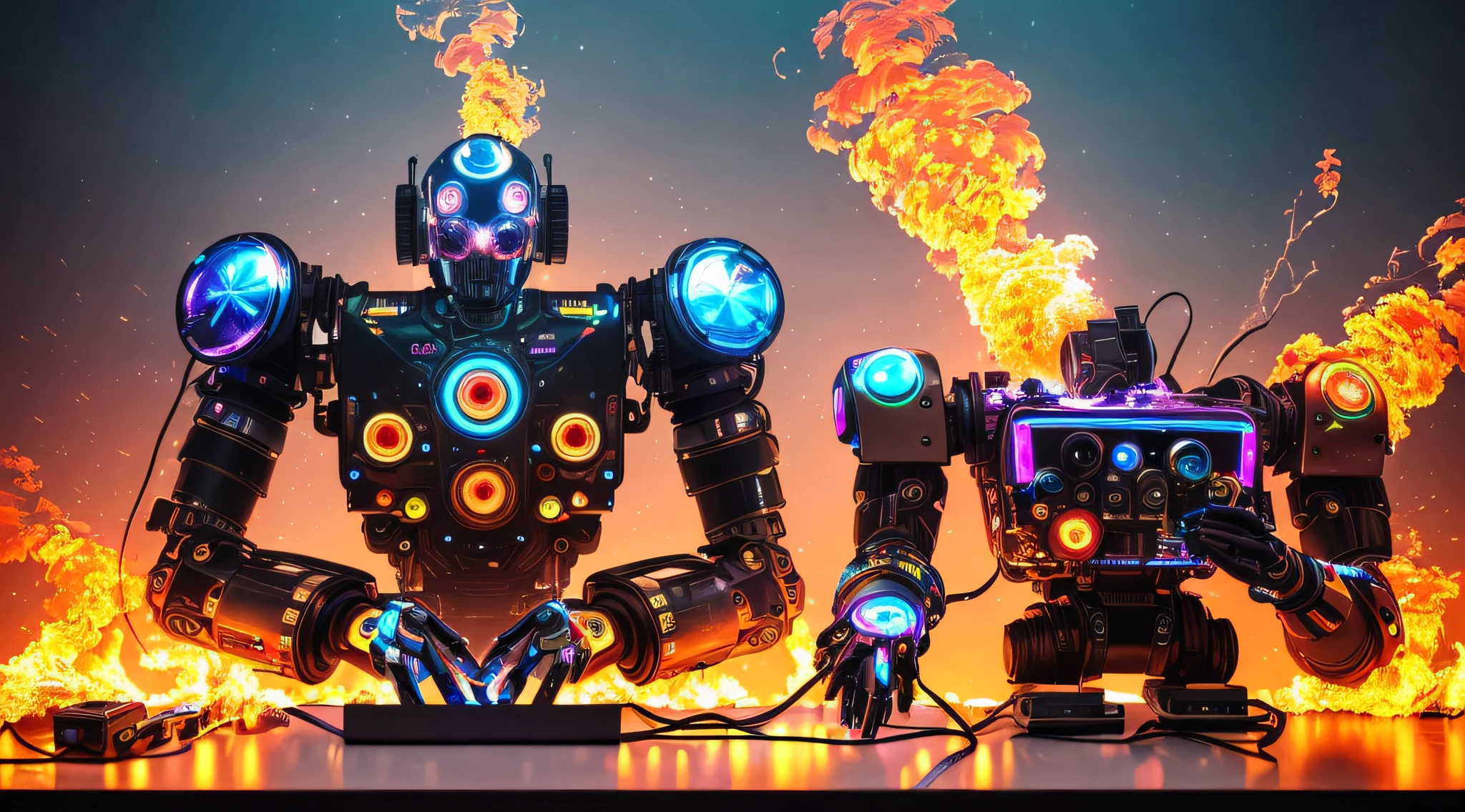 (masterpiece, best quality, highres, absurd, detailed: 1.2), humanoid, robot, using headphones, looking away, (cyberpunk, art screen, painting, parts, cables, wires, broken, iridescent, holographic: 1.6), laptop on fire, DISCO LIGHTS, wooden table, (flames, fire, smoke, overheating, explosion in the background)
