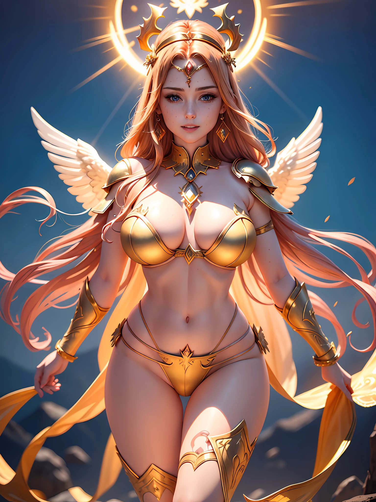 Hand-drawn illustration of a handsome angel with wine hair, bright light blue eyes, symmetrical angelic wings, leather armor, halo, illustration, watercolor sketch, (best quality)), detailed intricate, Pakistani, belly out, thick lips with red lipstick, lightly made up and rosy cheeks, feminine, thin waist, wide hips, thick legs, defined and delicate body,  detailed skin, golden tribal tattoo, sunny day, blue sky, sun rays, brightness, smiling, flowery garden, golden tribal tattoo, shiny golden armor with red stones, cheerful, happy, beautiful, full body, flying, mountains in the background, golden aura, rays and fire, crystals, scorpion tattoo on belly, armor, greek goddess, tiara with jewelry, earrings, bright halo, emanating energy,  scorpion armor, full body, golden sandals up to the shin, depth, flames of fire, armor on the arms, armor on the shoulders, armor on the waist, warrior amazon, warrior, amazon, queen, wrapped in transparent fabric, scorpion jewelry, scorpion tattoo, tribal scorpion tattoo, knights of the zodiac, wet, water drops, wet hair, wet skin, rays of light coming out of your clothes,  wearing a crown, large breasts, bikini brand, tan, swollen breasts, tan with bikini mark, large heaving breasts, tattooed, mischievous expression, very large breasts, transparent fabric
