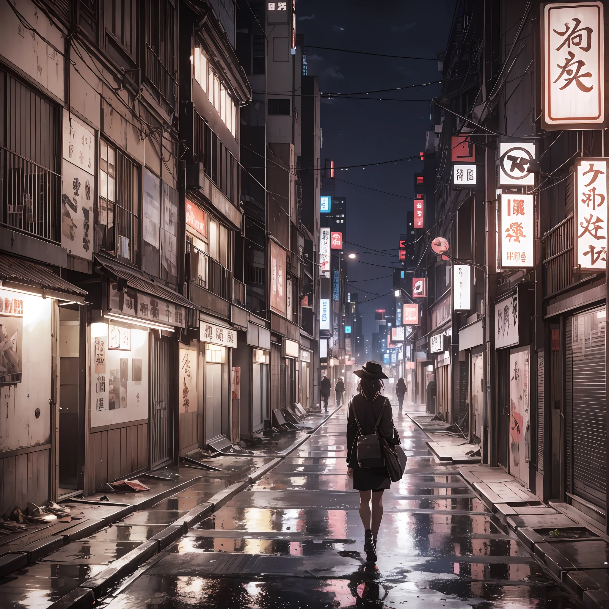 Woman walking alone at night, urban loneliness, behind the glamor, me about to disappear, 3-story building with balcony and balcony on the second floor, old apartment, new beautiful urban backside, back road, deserted Shinjuku junk, deserted Shinjuku junktown, old building, old house, small room in Tokyo, dusty ruins Shinjuku --auto --s2