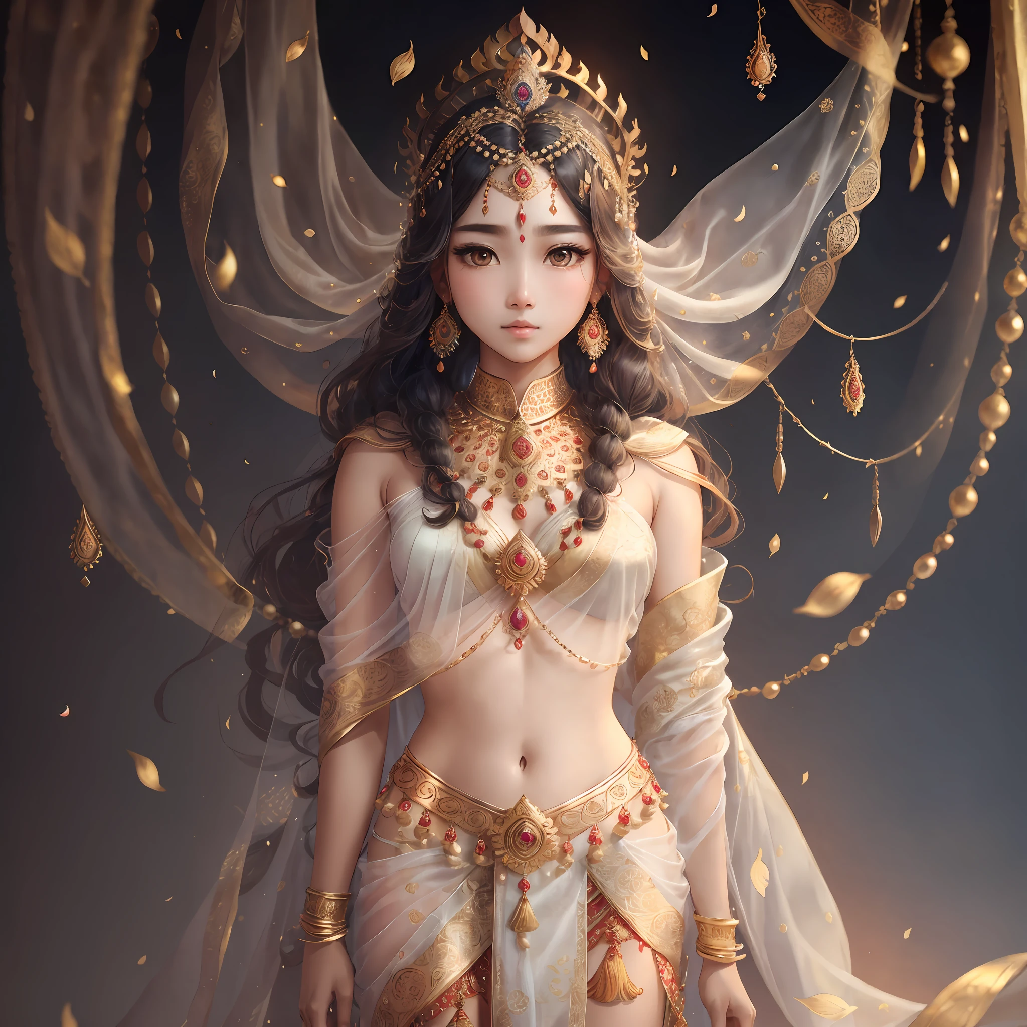Beautiful Indian gods, hair hanging down shoulders, high gold crown set with precious stones, masterpiece, best quality, (real, realism: 14), (original photo: 12), extremely fine CG-8k paper, extremely delicate beauty, amazing, fine details, official art, absurd, unbelievable,
(Lying silkworm: 1), full body, medium chest, standing, shawl tie, Yingluo shawl, dewy, Uzo-6500-v1.1
Beautiful girl, light on the face, n5, 10, cute, looking at the audience, (perfect female figure) --auto --s2