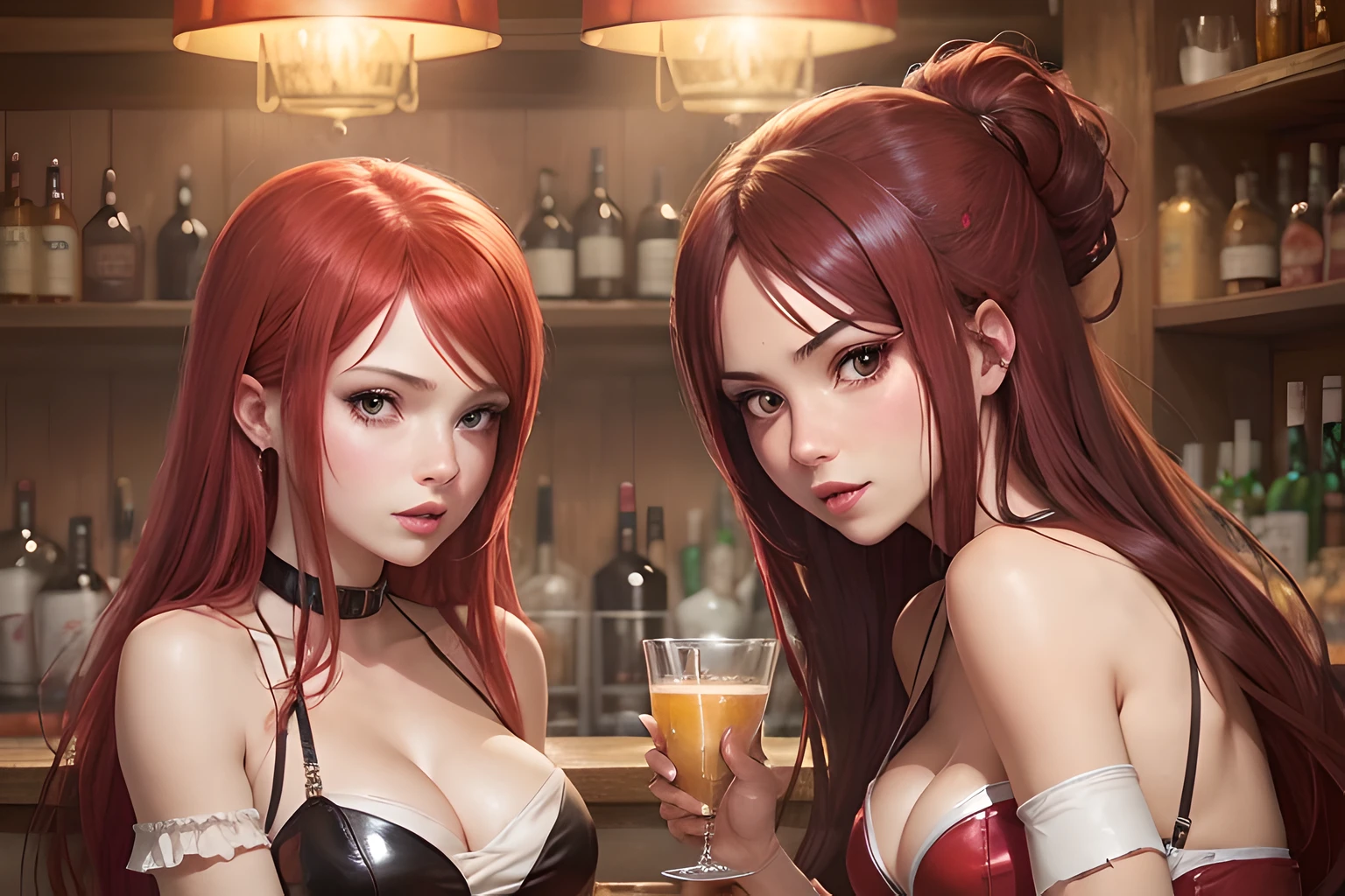 Erza Scarlet, flirting with a girl, in a bar.