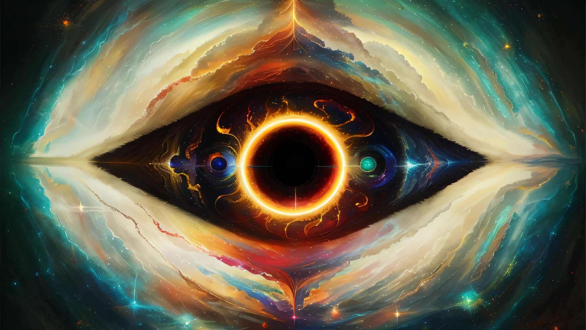 painting of a human eye with a ring of fire in the center, the eye of the universe, portrait of a mystical giant eye, the eye of god, otherworldly visuals, mystic eye, realism | beeple, beeple. hyperrealism, epic surrealism 8k oil painting, the eye of god rah, portal to another universe, visionary painting --auto --s2