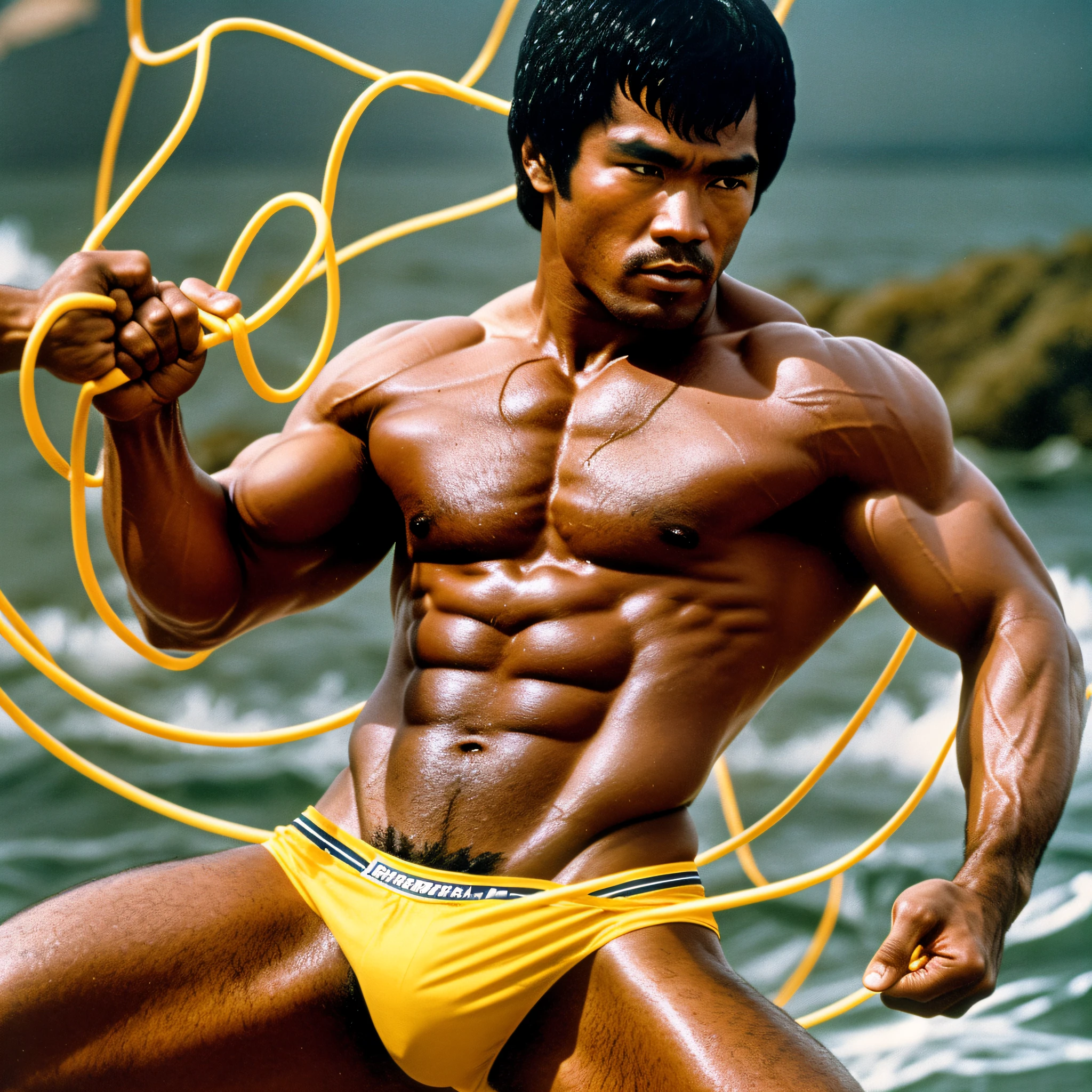 1980 portrait of BruceLee person as a fisherman in underwear pulling a new catch of spaghetti from the ocean, underwear marking, wet, biceps, dark skin