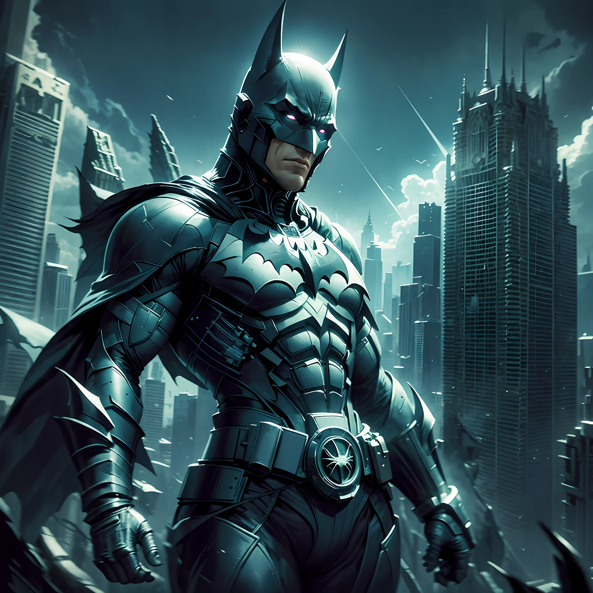 Batman from the dark knight stands imposing in a gothic lost city. Moonlight highlights your muscles and scars. The scenery is lush and mysterious, with futuristic tech and surroundings. The camera details everything, a warrior woman, in front of him. --auto --s2