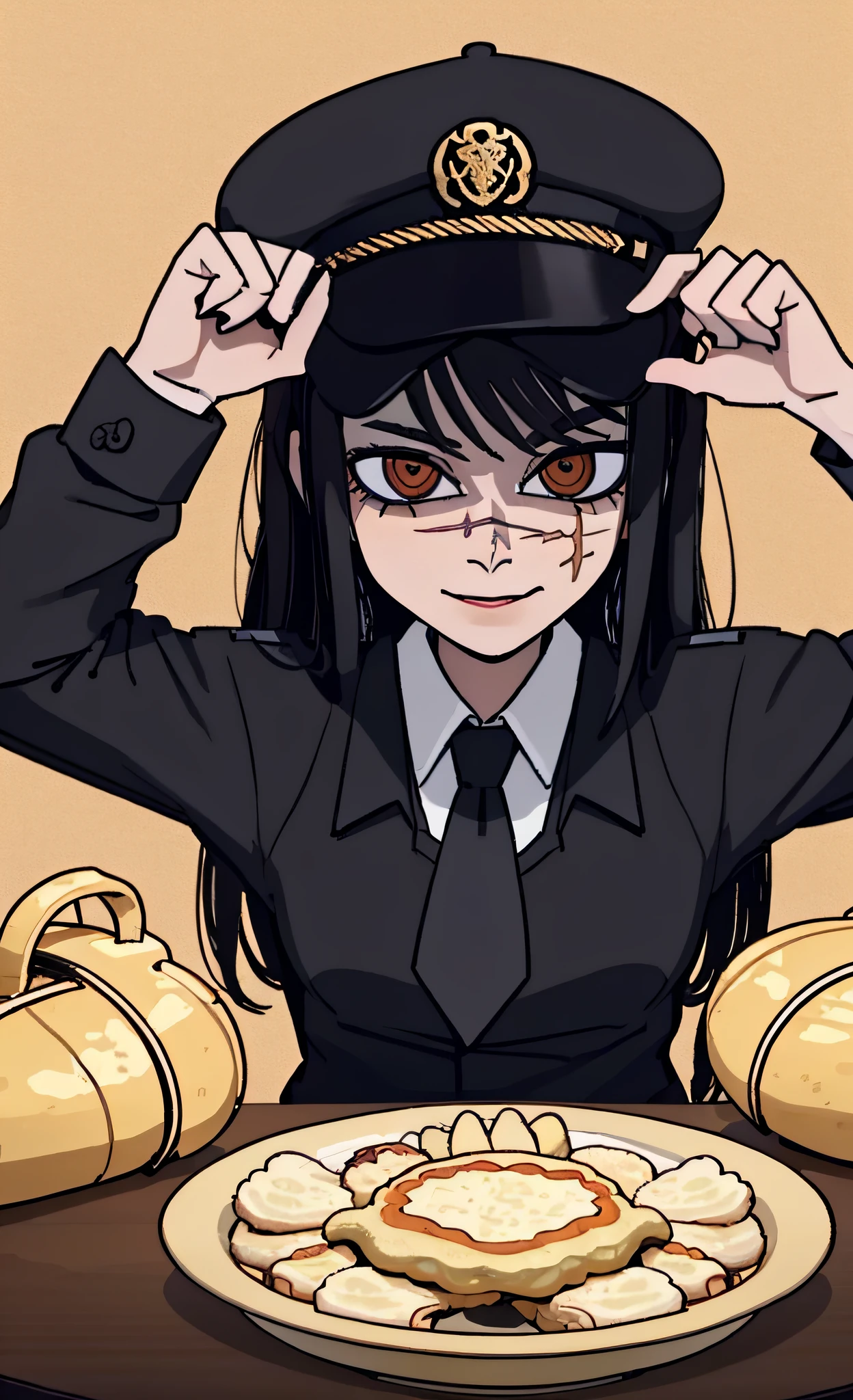 (masterpiece, best quality: 1.2), Solo, 1girl, Yoru \(Chainsaw Man\), looking at the viewer, smile, happy, different poses, red eye, long hair, completely black hair, reference to clothing of a German WWII general, black long sleeves (best quality), scar on face, beautiful eyes, has only 2 arms, has war medals on his clothes, Black military cap, golden eagle medal on clothing, (wallpaper), (8K HD), (8K HD), (8K HD), golden shoulder pads, sprites, 1 single design(masterpiece, best quality: 1.2), Solo, 1girl, Yoru \(Chainsaw Man\), looking at the viewer, smile, happy, different poses, red eye, long hair, completely black hair, reference to clothing of a German general of World War II, black long sleeves (best quality), scar on face, beautiful eyes, has only 2 arms, has war medals on his clothes, black military cap, golden eagle medal on clothing, (wallpaper), (8K HD), (8K HD), (8K HD), golden shoulder pads, sprites, 1 single design