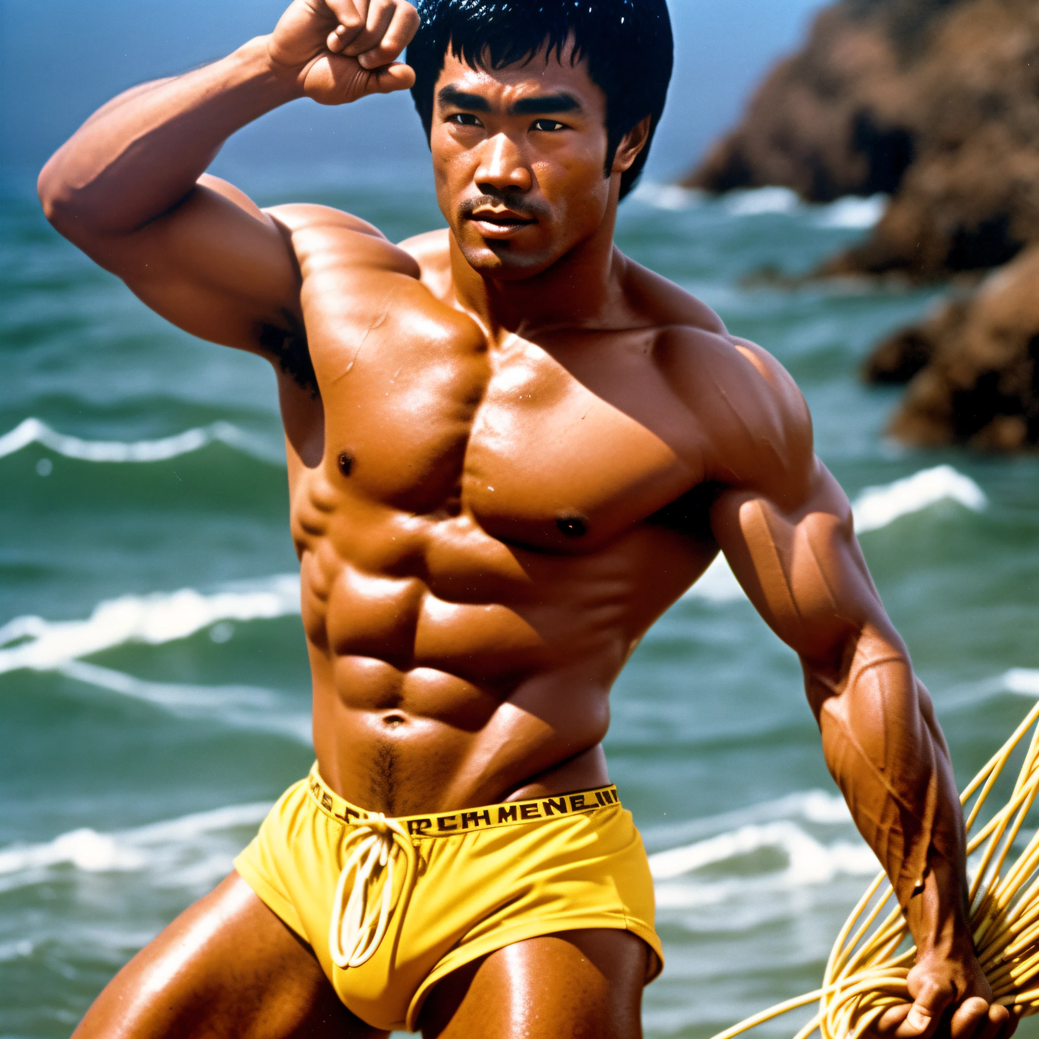 1980 portrait of BruceLee person as a fisherman in underwear pulling a new catch of spaghetti from the ocean, underwear marking, wet, biceps, dark skin