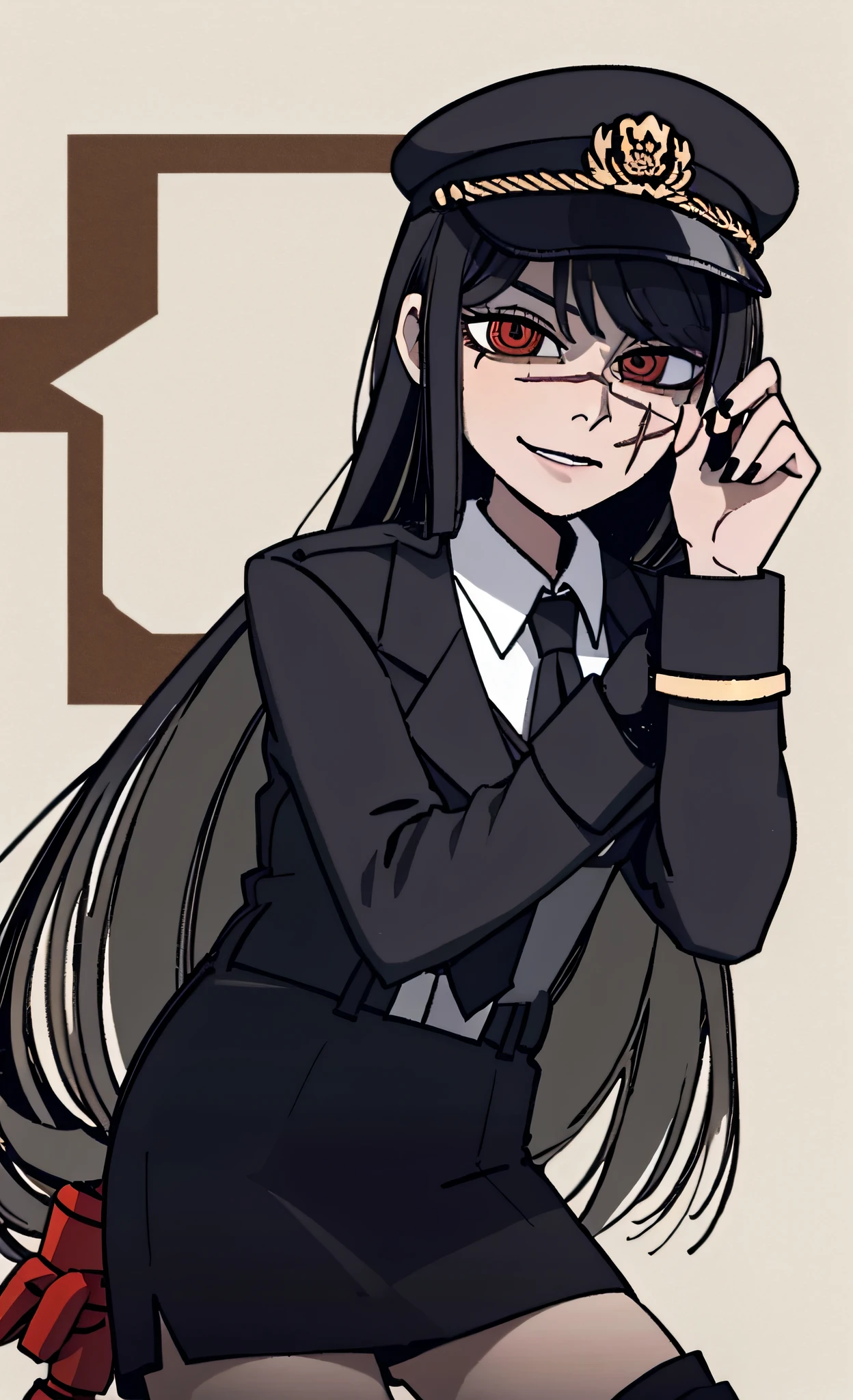 (masterpiece, best quality: 1.2), Solo, 1girl, Yoru \(Chainsaw Man\), looking at the viewer, smile, happy, different poses, red eye, long hair, completely black hair, reference to clothing of a German WWII general, black long sleeves (best quality), scar on face, beautiful eyes, has only 2 arms, has war medals on his clothes, Black Military Cap, Golden Eagle Medal on Clothing, (Wallpaper), (8K HD), (8K HD), Golden Shoulder Pads, Sprites, 1 Single Design