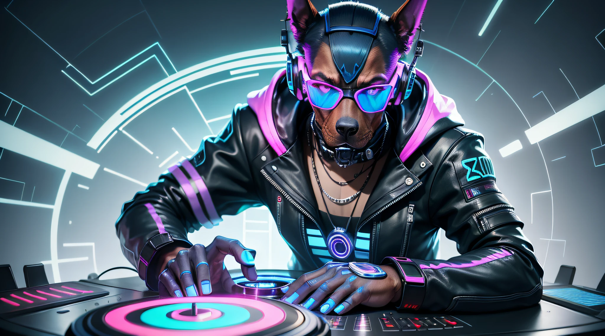 an anthropomorphic cyberpunk doberman photo playing on turntables with color light effects, blue color ambient, sythwave, in cyber punk 2077, cyber songman, spinning decks, and sunglasses, exquisite detail, 4k, Canon EOS R1, 85mm lens, very sharp image,