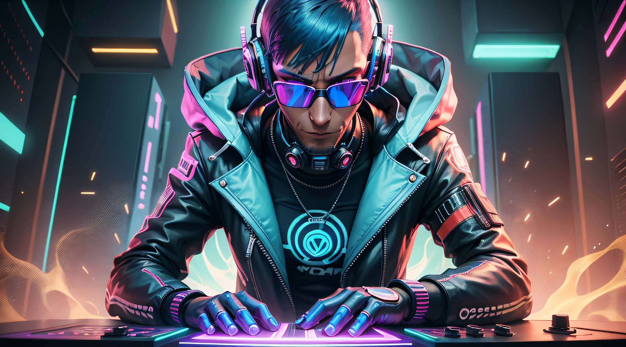an anthropomorphic cyberpunk doberman photo playing on turntables with color light effects, blue color ambient, sythwave, in cyber punk 2077, cyber songman, spinning decks, and sunglasses, exquisite detail, 4k, Canon EOS R1, 85mm lens, very sharp image,