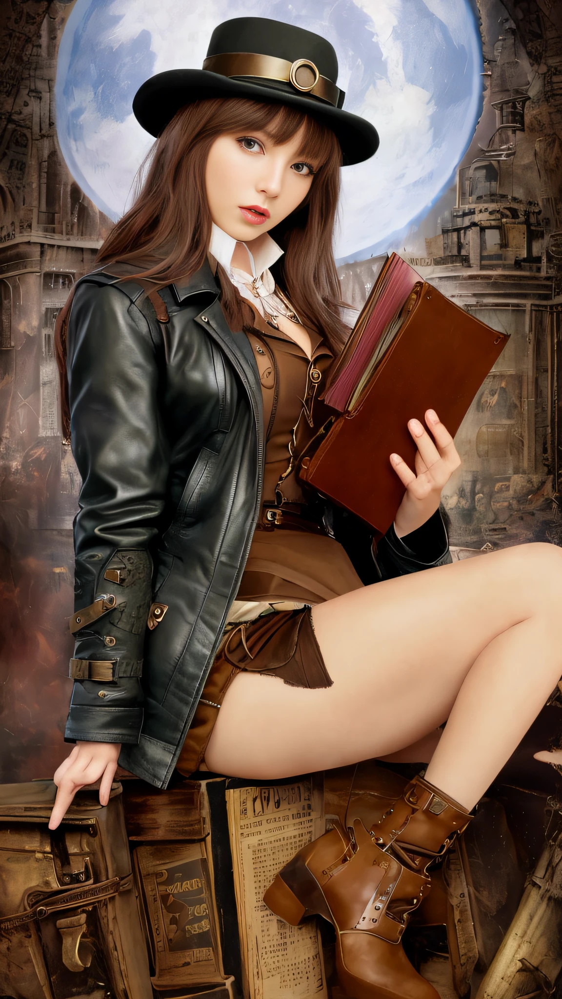 Alafe woman in hat and leather jacket holding a book, dressed in steampunk attire, steampunk beautiful goddess, steampunk girl, steampunk fiction, steampunk beautiful anime woman, (steampunk), (steampunk), steampunk style, steampunk fantasy style, steampunk! fiction, steampunk era, steampunk fantasy, steampunk inventor girl, librarian, steampunk clothes, young girl in steampunk clothes, steampunk! negative prompt(((simple background))),monochrome , lowres, bad anatomy, bad hands, text, error, missing fingers, extra digits, fewer digits, cropped, worst quality, low quality, normal quality, jpeg artifacts, signature, watermark, username, blurry, lowres, bad anatomy, bad hands, text, error, extra digit, fewer digits, cropped, worst quality, low quality, normal quality, jpeg artifacts, signature, watermark, username, blurry, ugly, pregnant, vore, duplicate, morbid, mut ilated, tran nsexual, hermaphrodite, long neck, mutated hands, poorly drawn hands, poorly drawn face, mutation, deformed, blurry, bad anatomy, bad proportions, malformed limbs, extra limbs, cloned face, disfigured, gross proportions, (((missing arms))),(((missing legs))), ((( extra arms))),(((extra legs))),pubic hair, plump, bad legs, error legs,userna