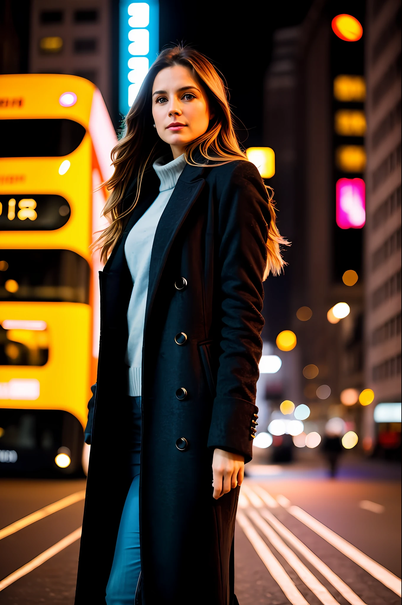 A 33-year-old woman, long brown hair with blonde tips, in luxurious cold clothes and black overcoat, walking on her back through the busy streets of London, with London, flowing hair, subsurface scattering, (sharp: 0.7) , [(color explosion psychedelic ink colors: 1.21):: 0.05], amazing fine details, film photography Nikon D850 Kodak Portra 400 camera f1.6 lens,  rich colors, realistic texture, dramatic lighting, urban environment, skyscrapers, neon signs, street vendors, dynamic composition, unreal mechanism, trend in ArtStation, cinestill 800 tungsten