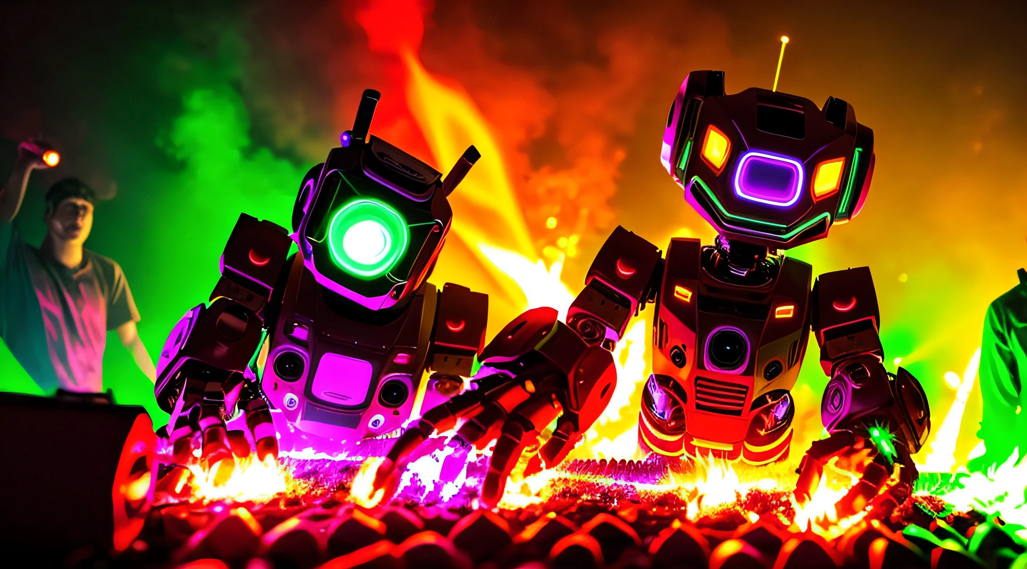 ROBOT AT RAVE PARTY, LIGHTS, FIRE