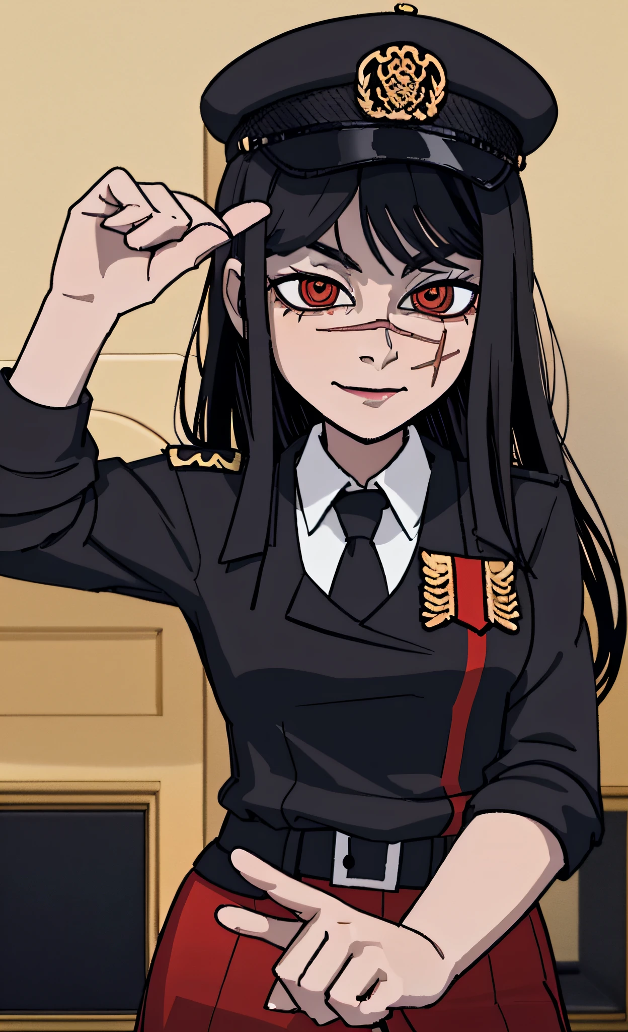 (masterpiece, best quality: 1.2), Solo, 1girl, Yoru \(Chainsaw Man\), looking at the viewer, smile, happy, different poses, red eye, long hair, completely black hair, reference to clothing of a German WWII general, black long sleeves (best quality), scar on face, beautiful eyes, has only 2 arms, has war medals on his clothes,  Black Military Cap, Golden Eagle Medal on Clothing, (Wallpaper), (8K HD), (8K HD), Golden Shoulder Pads, Sprites, 1 Single Design