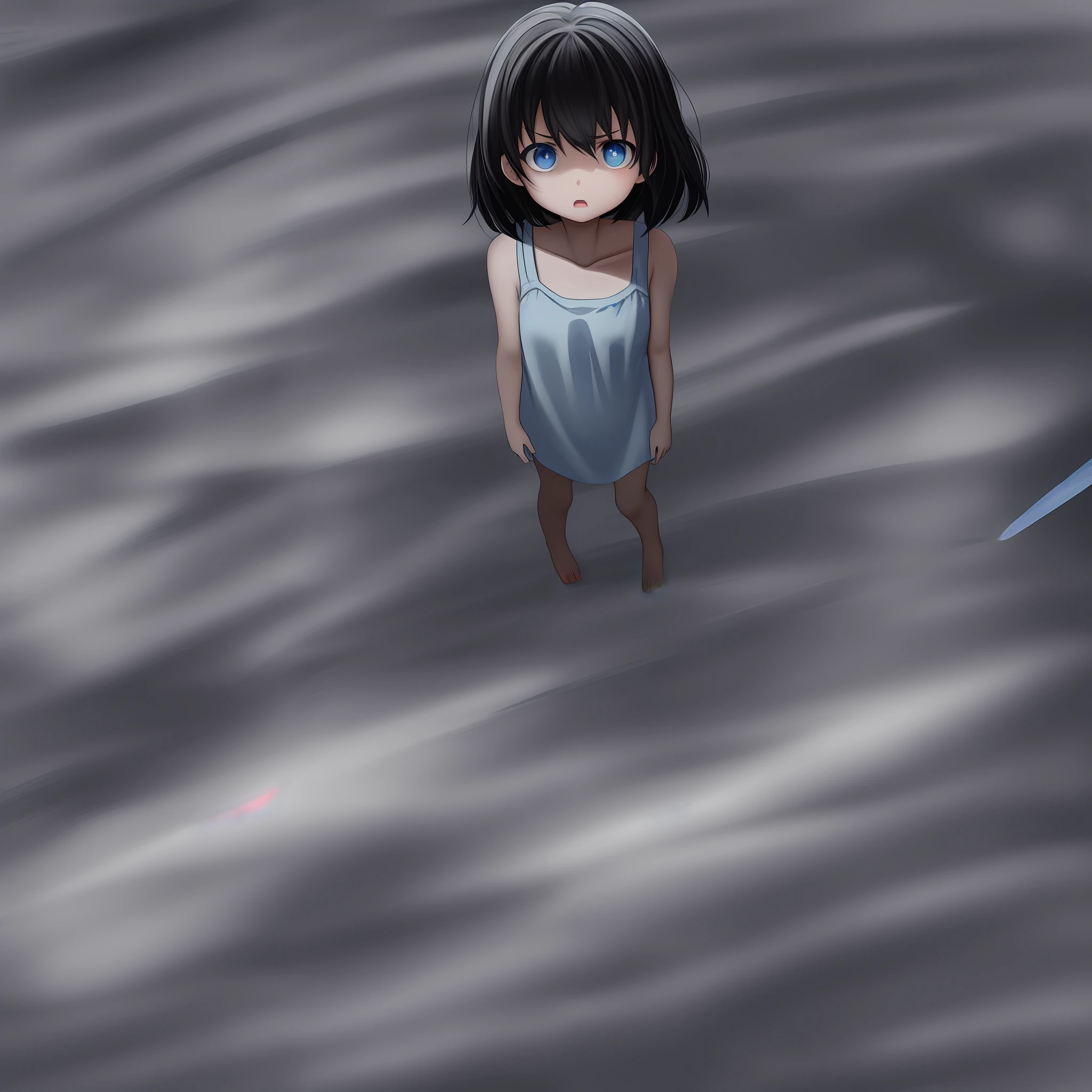 Aerial view in a closed dark room of A little girl looking scared, blue-eyed, with short black hair, wearing a long white tank top, stands with a startled expression.