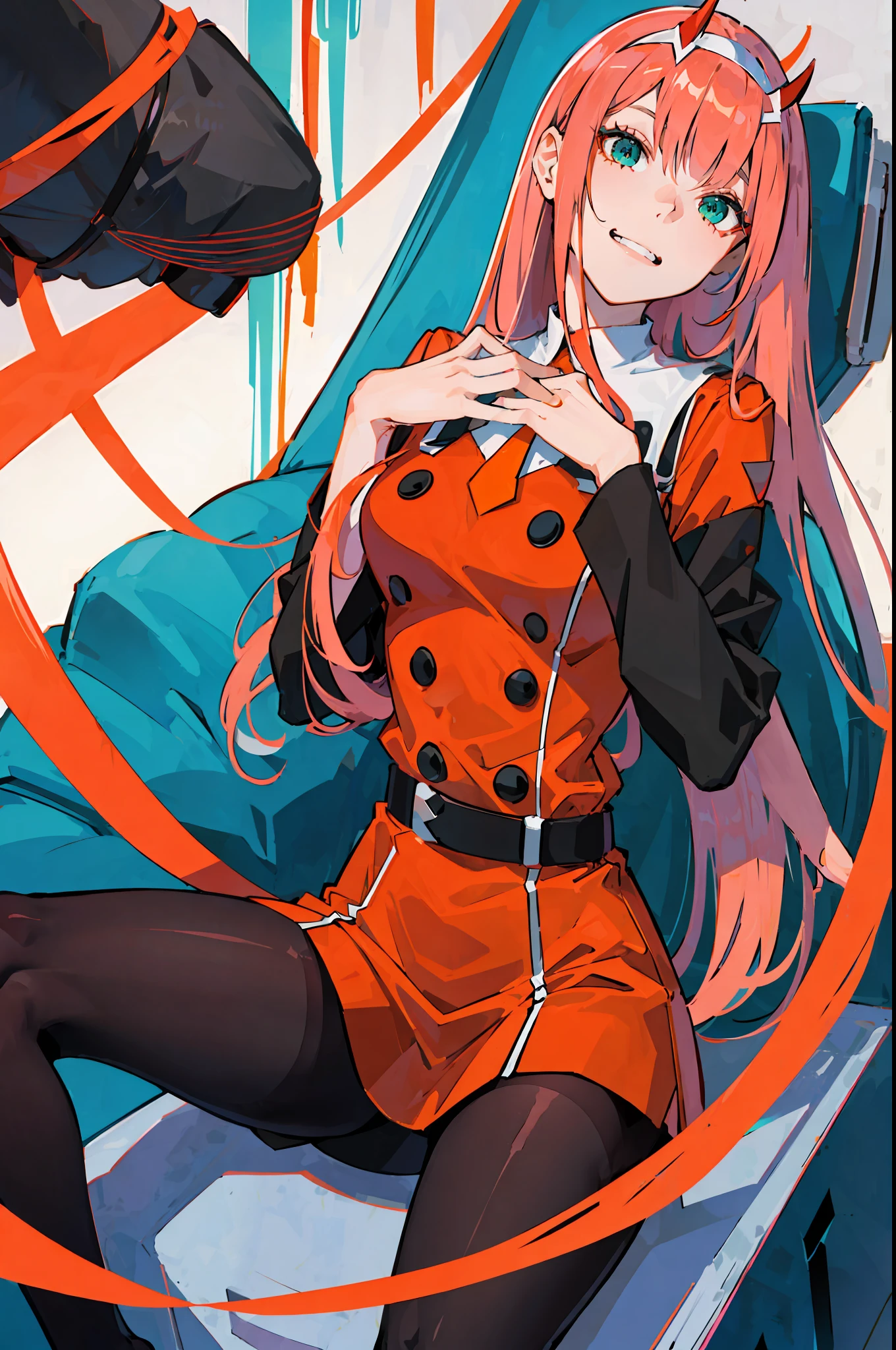 zero two \(darling in franxx\), darling in franxx, 1woman, smiling, sitting, bangs, biting, shadow, green eyes, hair behind head, horns, long hair, makeup, small breasts, red dress, orange tie, black buttons, belt, pantyhose, big thighs, pink hair, red eyeshadow, detailed background, bedroom, home, bed