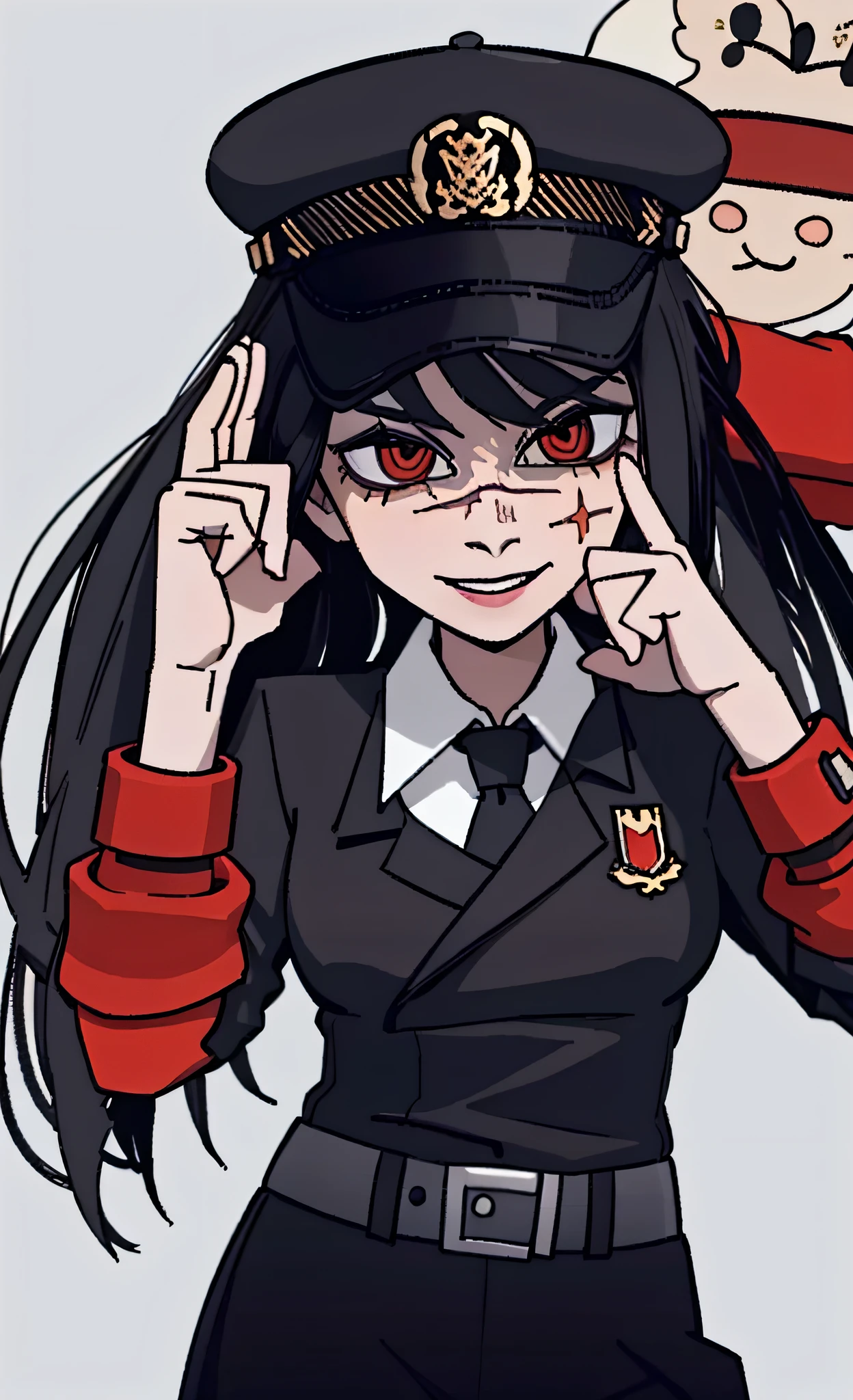 (masterpiece, best quality: 1.2), Solo, 1girl, Yoru \(Chainsaw Man\), looking at the viewer, smile, happy, different poses, red eye, long hair, completely black hair, reference to clothing of a German WWII general, black long sleeves (best quality), scar on face, beautiful eyes, has only 2 arms, has war medals on his clothes, Black Military Cap, Golden Eagle Medal on Clothing, (Wallpaper), (8K HD), (8K HD), Golden Shoulder Pads, Sprites, 1 Single Design