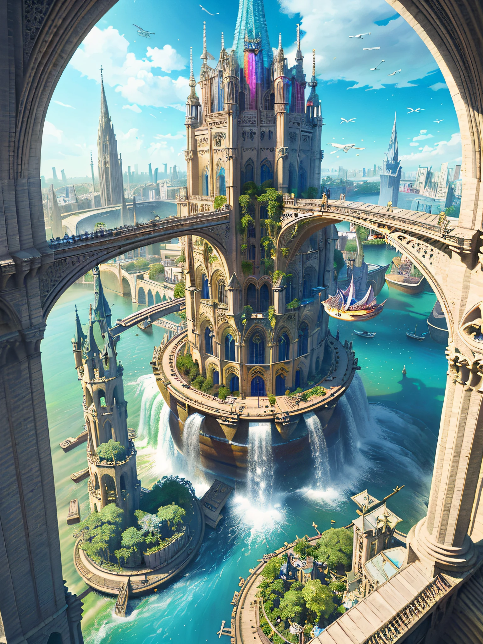 aerial view, stacked architecture city on giant towers and rings with many arches and bridges and gothic cathedrals with flying buttresses, (colorful vegetation:1.3),  waterfalls, many boats and ships, a matte painting by james gurney, trending on cgsociety, oversaturated, ultra sharp, hyper realistic