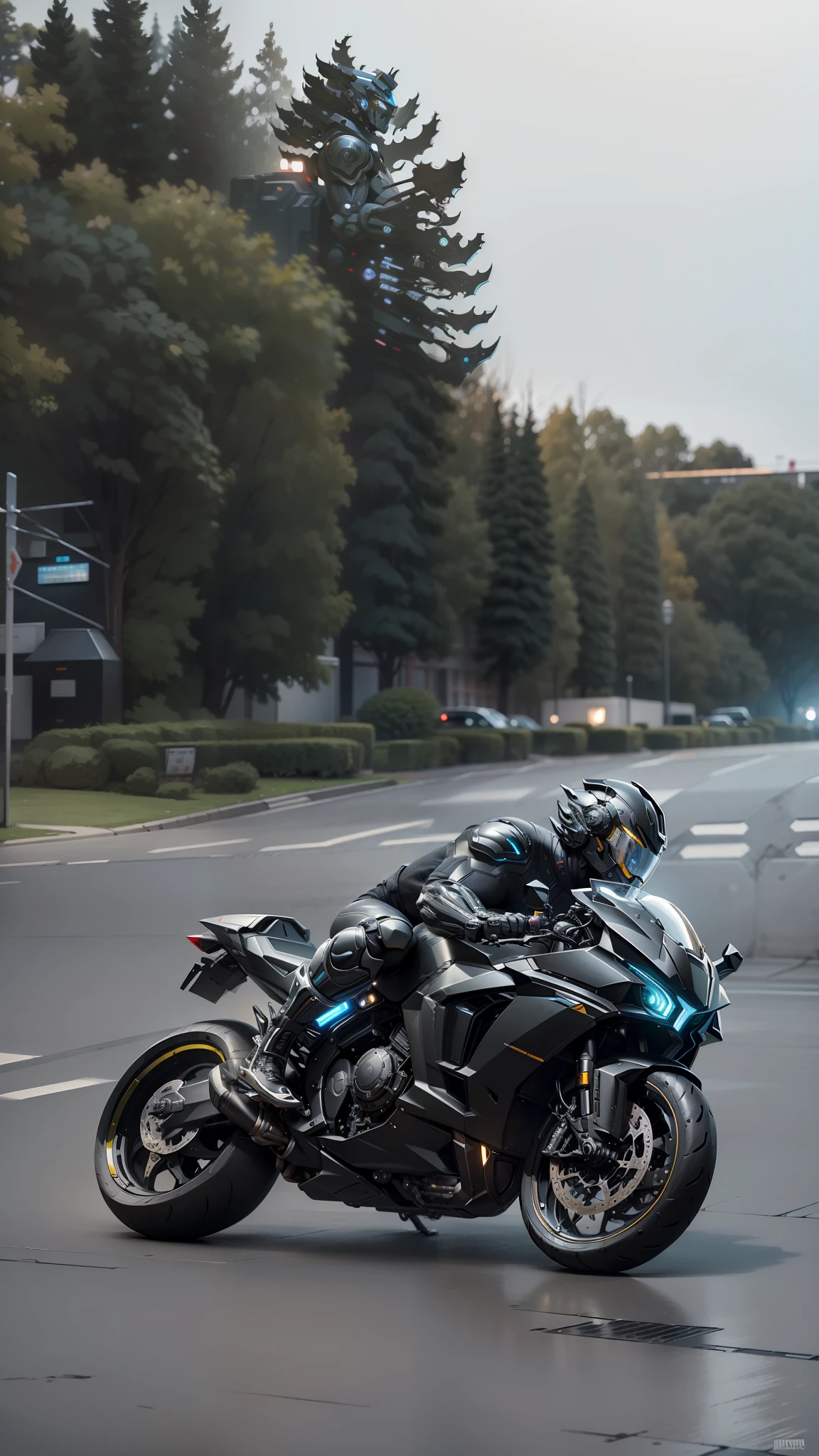 Cyber Man Warrior and Cyber Mechanical Motorcycle, Full Body Exquisite High-Tech Armor, Exquisite Black Tech Helmet, Nousr, Biomechanics, MSHN Robot Man, High-Tech Helmet, Surreal, Steel, Intricate Design, Crazy Details, Fine Details, Extremely Clear Lines, Cinematic Lighting, Photo Realistic, Detailed Masterpiece
