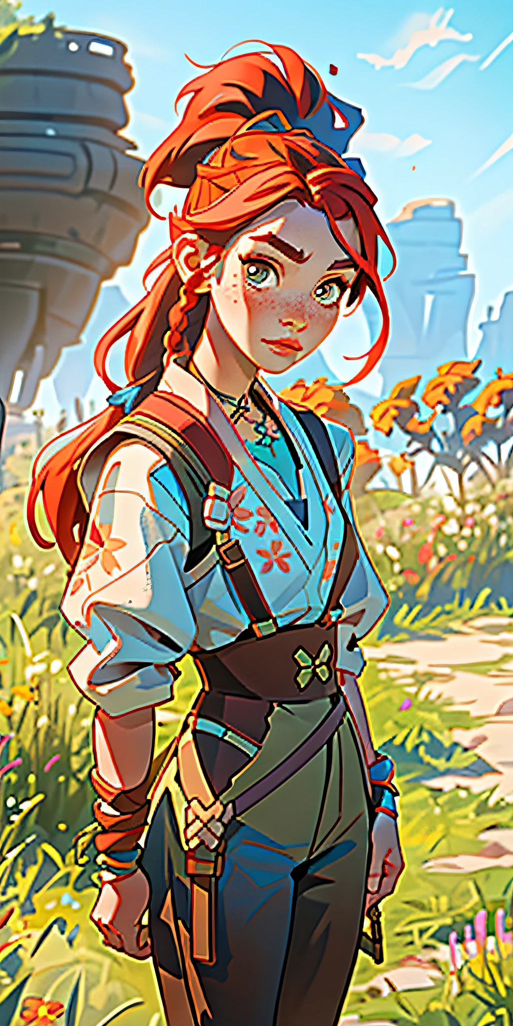 (masterpiece, best quality), 1girl, aloy, horizon zero dawn, looking at viewer, blurry, upper body, necklace, suspenders, floral print, ponytail, freckles, red hair, sunlight,