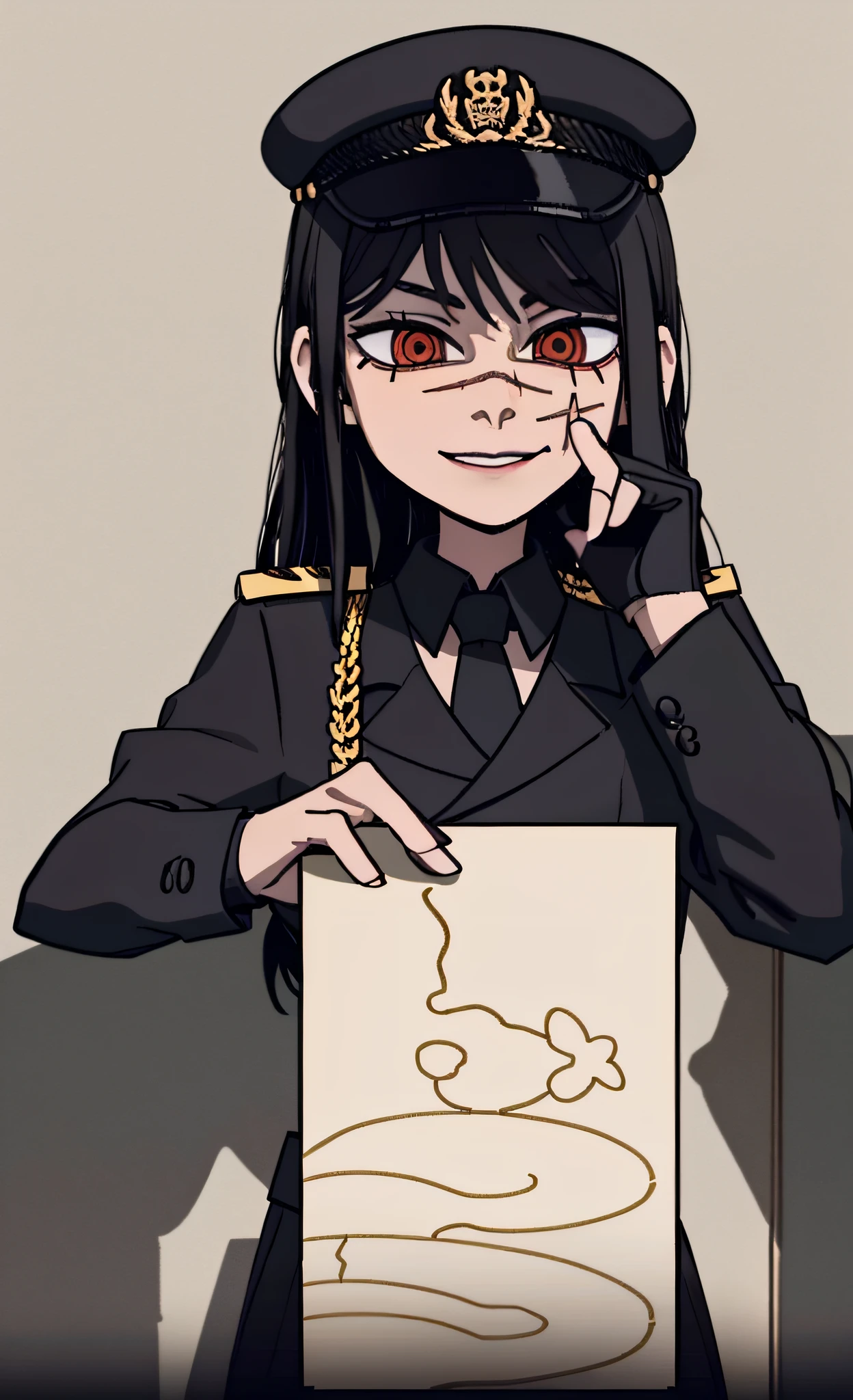 (masterpiece, best quality: 1.2), Solo, 1girl, Yoru \(Chainsaw Man\), looking at the viewer, smile, happy, different poses, red eye, long hair, completely black hair, reference to clothing of a German WWII general, black long sleeves (best quality), scar on face, beautiful eyes, has only 2 arms, has war medals on his clothes,  Black Military Cap, Golden Eagle Medal on Clothing, (Wallpaper), (8K HD), (8K HD), Golden Shoulder Pads, Sprites, 1 Single Design