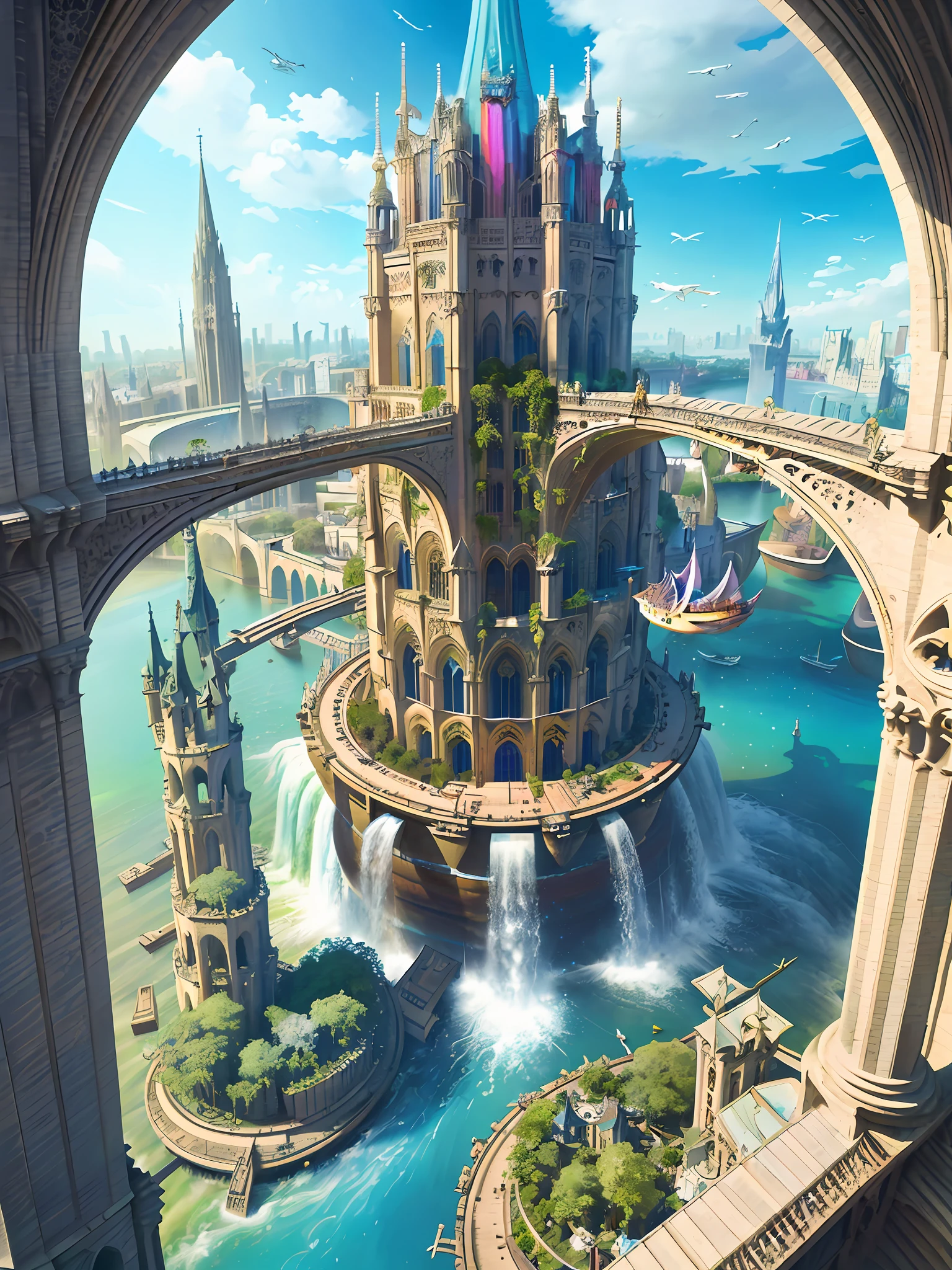 aerial view, stacked architecture city on giant towers and rings with many arches and bridges and gothic cathedrals with flying buttresses, (colorful vegetation:1.3), waterfalls, many boats and ships, a matte painting by james gurney, trending on cgsociety, oversaturated, ultra sharp, hyper realistic