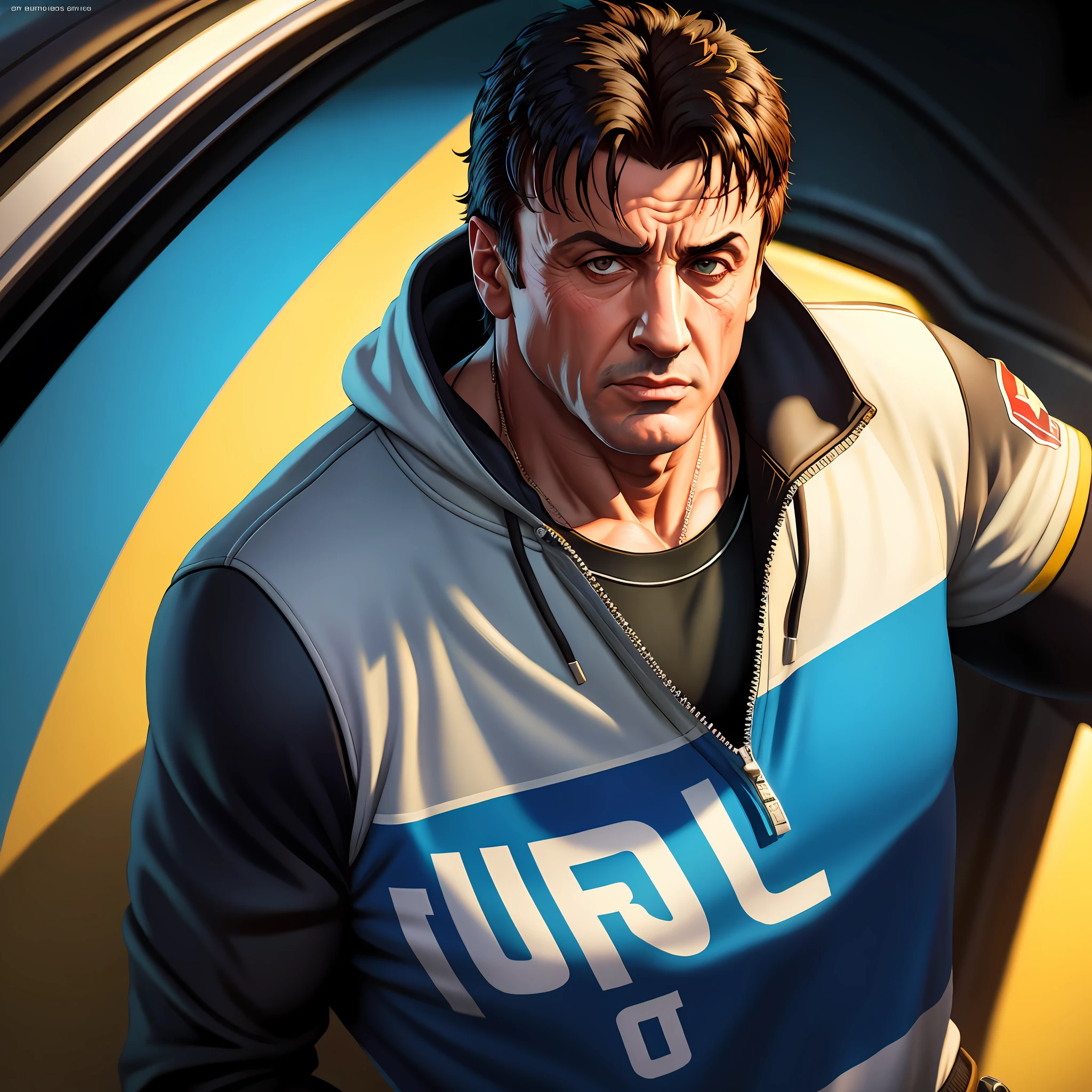 GTAV Loading Screen 2D Art, Sylvester Stallone as GTA5 Character, Film Composition, Shaders, Bright Cinematic Lighting, Soft Contrast, GTA5 Loading Screen, Automatic Bug Fix