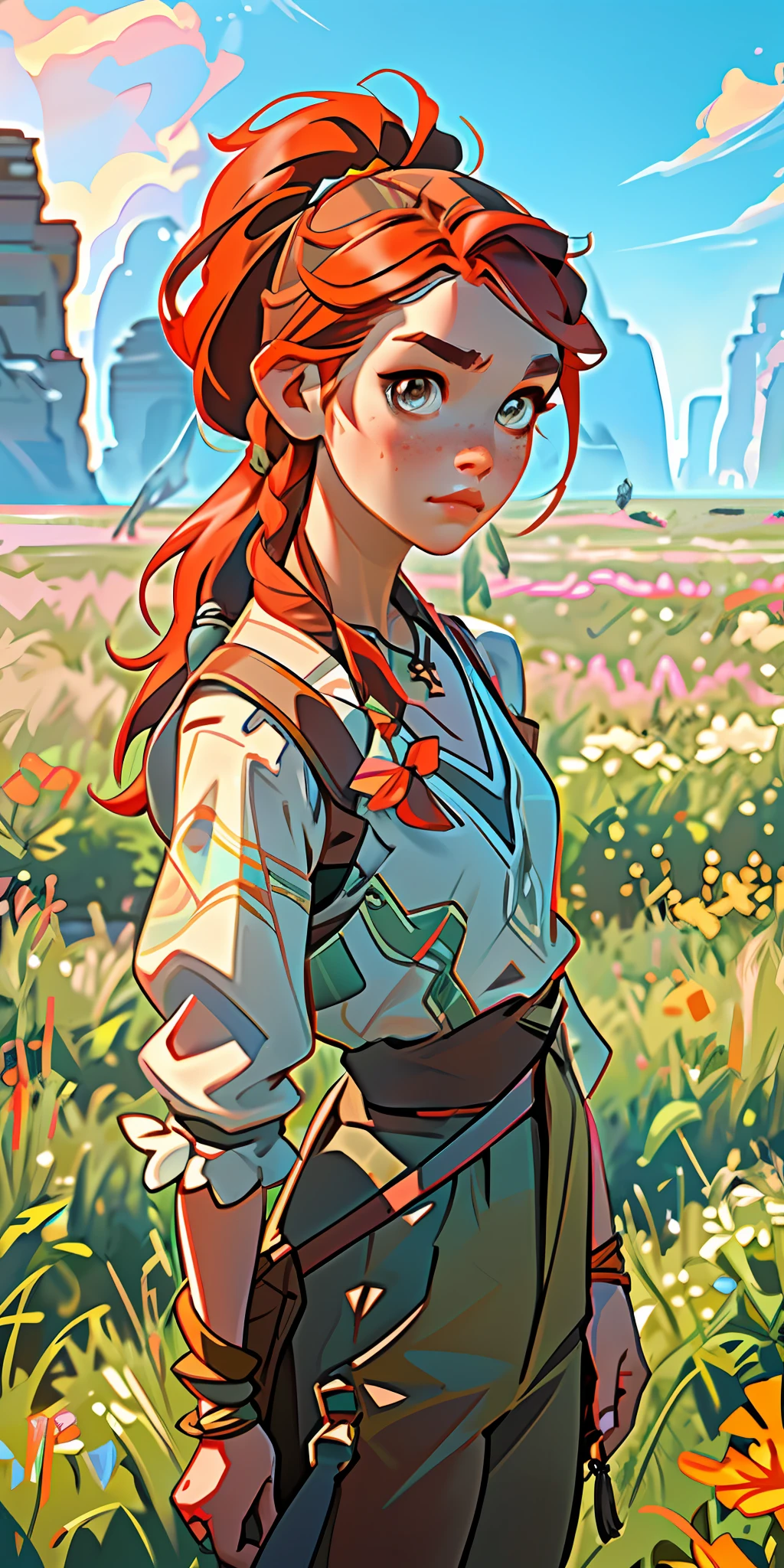 (masterpiece, best quality), 1girl, aloy, horizon zero dawn, looking at viewer, blurry, upper body, necklace, suspenders, floral print, ponytail, freckles, red hair, sunlight,