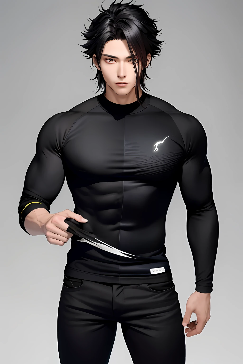 a distinctive-looking anime boy. He has an average height, about 1.90 meters tall. His body is well defined, with slightly sculpted muscles, evidencing a routine of regular physical exercises.
It has a clear and healthy skin, with a soft hue. His face features masculine features and a serene expression. His eyes are deep and expressive, dark brown in color, conveying determination and curiosity.
Shin has straight black hair, which falls in unkempt locks over his forehead and slightly above his ears. Her hair is short at the back, reaching down her neck. He takes care of your hair, keeping it always tidy and clean.