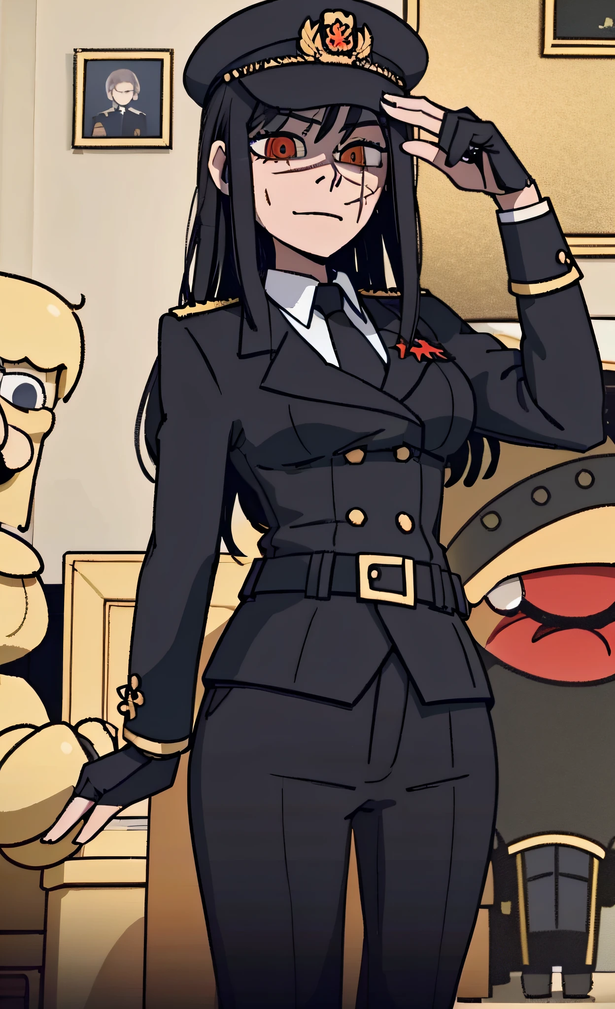 (masterpiece, best quality: 1.2), Solo, 1girl, Yoru \(Chainsaw Man\), looking at the viewer, smile, happy, different poses, red eye, long hair, completely black hair, reference to clothing of a German WWII general, black long sleeves (best quality), scar on face, beautiful eyes, has only 2 arms, has war medals on his clothes, Black Military Cap, Golden Eagle Medal on Clothing, (Wallpaper), (8K HD), (8K HD), Golden Shoulder Pads, Sprites, 1 Single Design