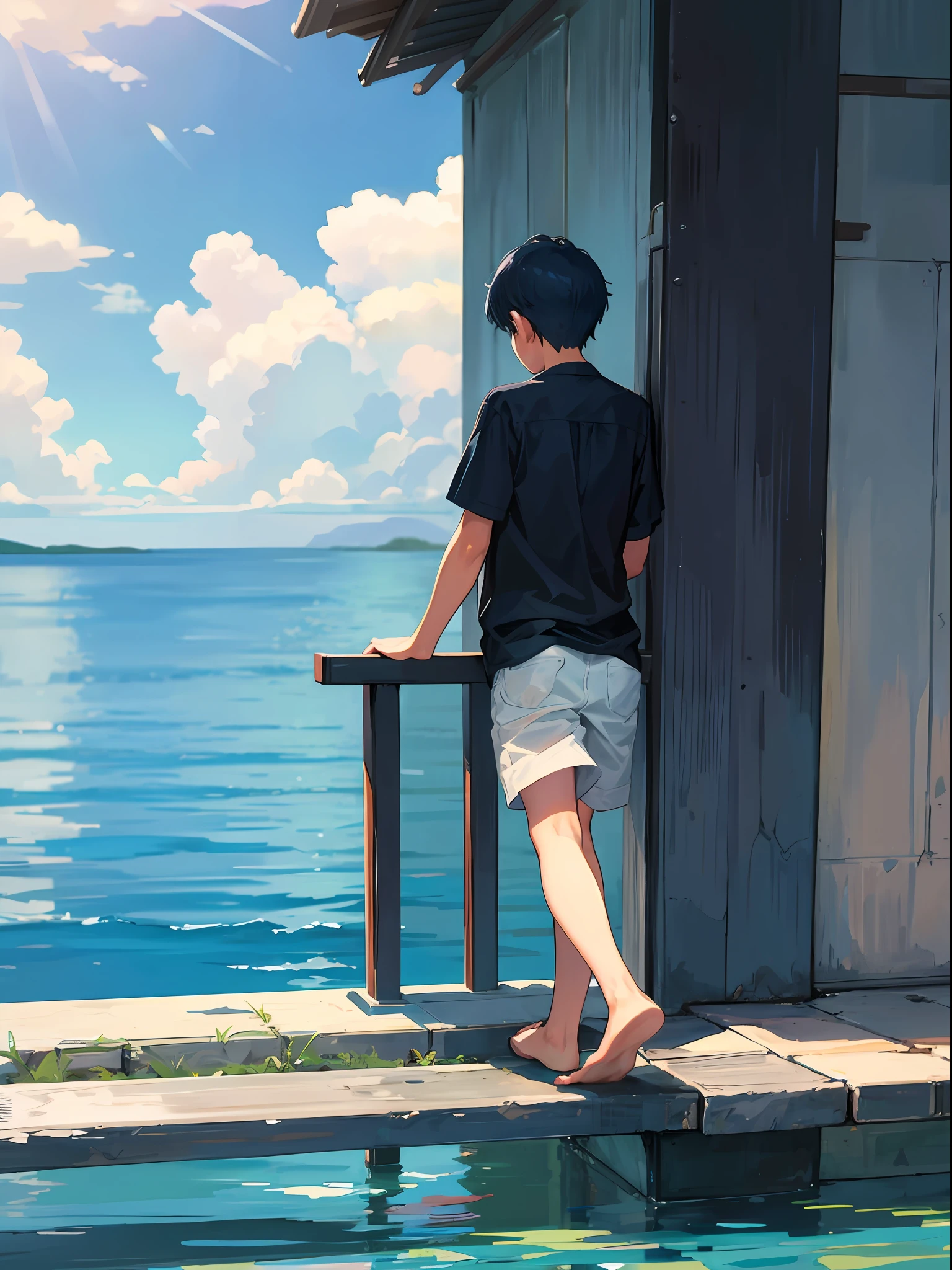 Boy leaning on a rail, looking at the water, his back to the camera, facing away of the camera