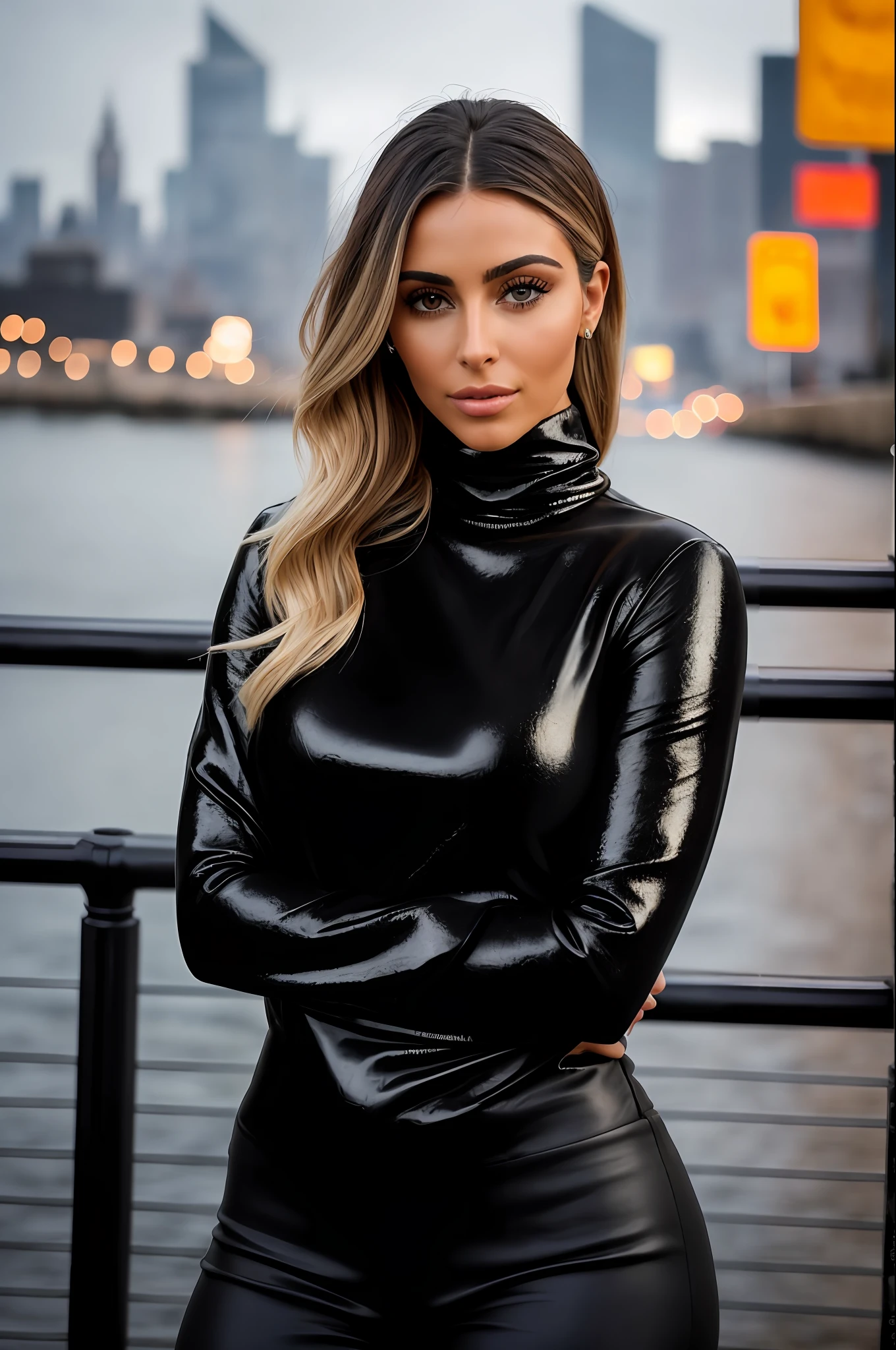 A woman wearing a black turtleneck sweater with a black fur coat, gold ring, brunette with dyed blonde hair, Julia Sarda, Christina Kritkou, black turtleneck, wearing turtleneck and jacket, portrait of Kim Kardashian, inspired by Gina Pellón, tanned Ameera al Taweel, Olivia Culpo, Julia Fuentes, flawless olive skin ((detailed face)),  ((detailed facial features)), (finely detailed skin), pale skin, walking through the city, megacity environment, New York City in the background, (cool colors), damp, damp, reflections, (masterpiece) (perfect aspect ratio)(realistic photo)(best quality) (detailed) photographed on a Canon EOS R5, 50mm lens, F/2.8, HDR, (8k) (wallpaper) (cinematic lighting) (dramatic lighting) (sharp focus) (intricate),  RAW photo, RAW photo, gigachad photo, posing for camera, 8k uhd, dslr, high quality, grain film, Fujifilm XT3, film stock photography 4 kodak portra 400 camera f1.6 lens rich colors hyper realistic texture dramatic lighting unrealengine trend in artstation cinestill 800 tungsten, toughboy style, face ultra focus, intimidating