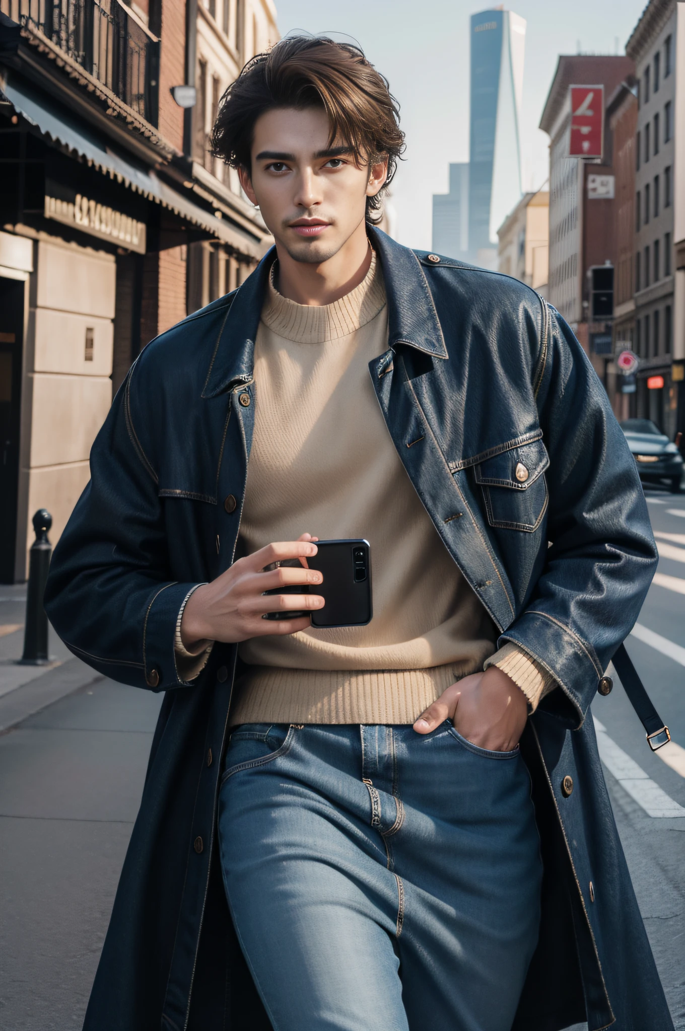 ((Masterpiece)), ((Best Quality)), (Super Detail), (Very Detailed)), 4K, (8K), Best Quality, (Beautiful), Realistic, Realistic Photography, Absurdity, Men, Alone, Handsome Men, Fall/Winter 2023 Trend Fashion, Trench Coat, Knitwear, Denim, Skirt, One Piece Combination, Mode Outdoor Style, Triumphant Look, Self-Righteous Expression, self-satisfied look, natural light, round face,