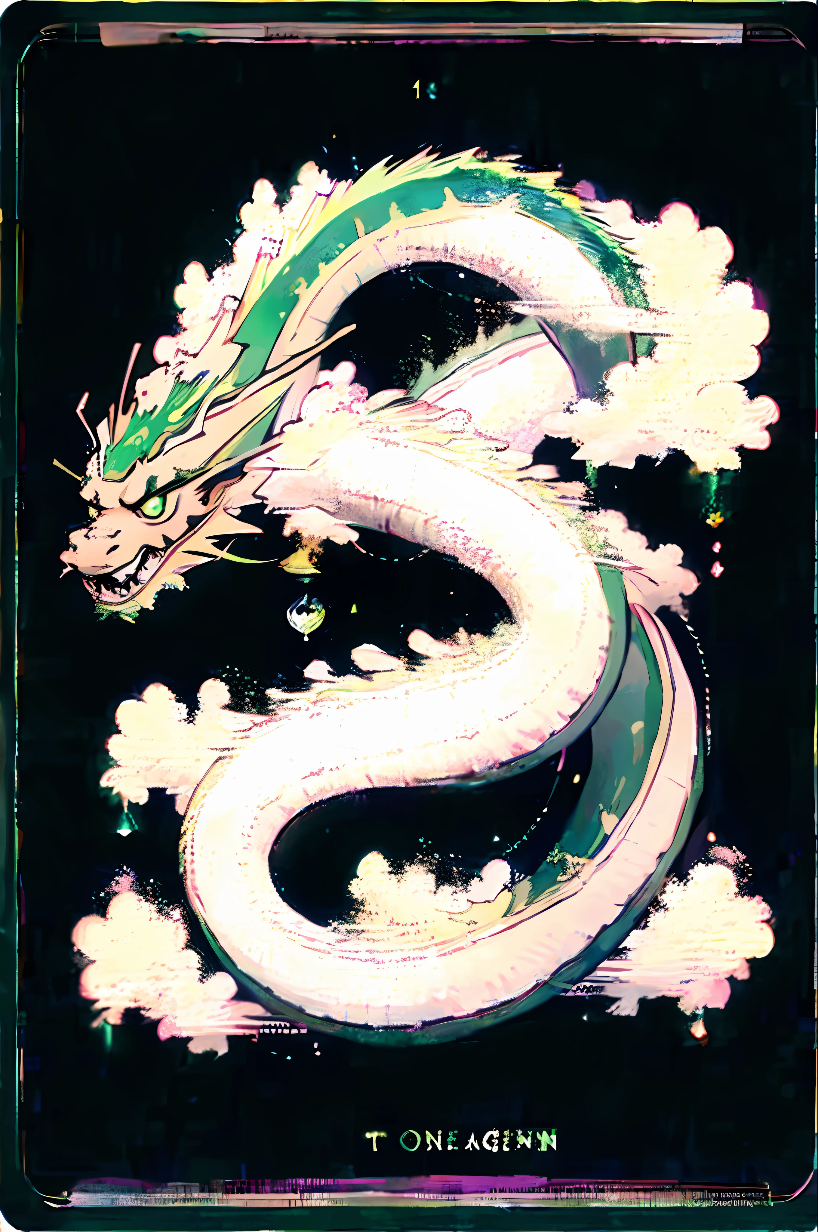 Soul card, line, (one green dragon:1.4), many magic effects, colorful splashes, magic dust, (no human), (((colorful))), (((saturated colours))), (((many different colours)))