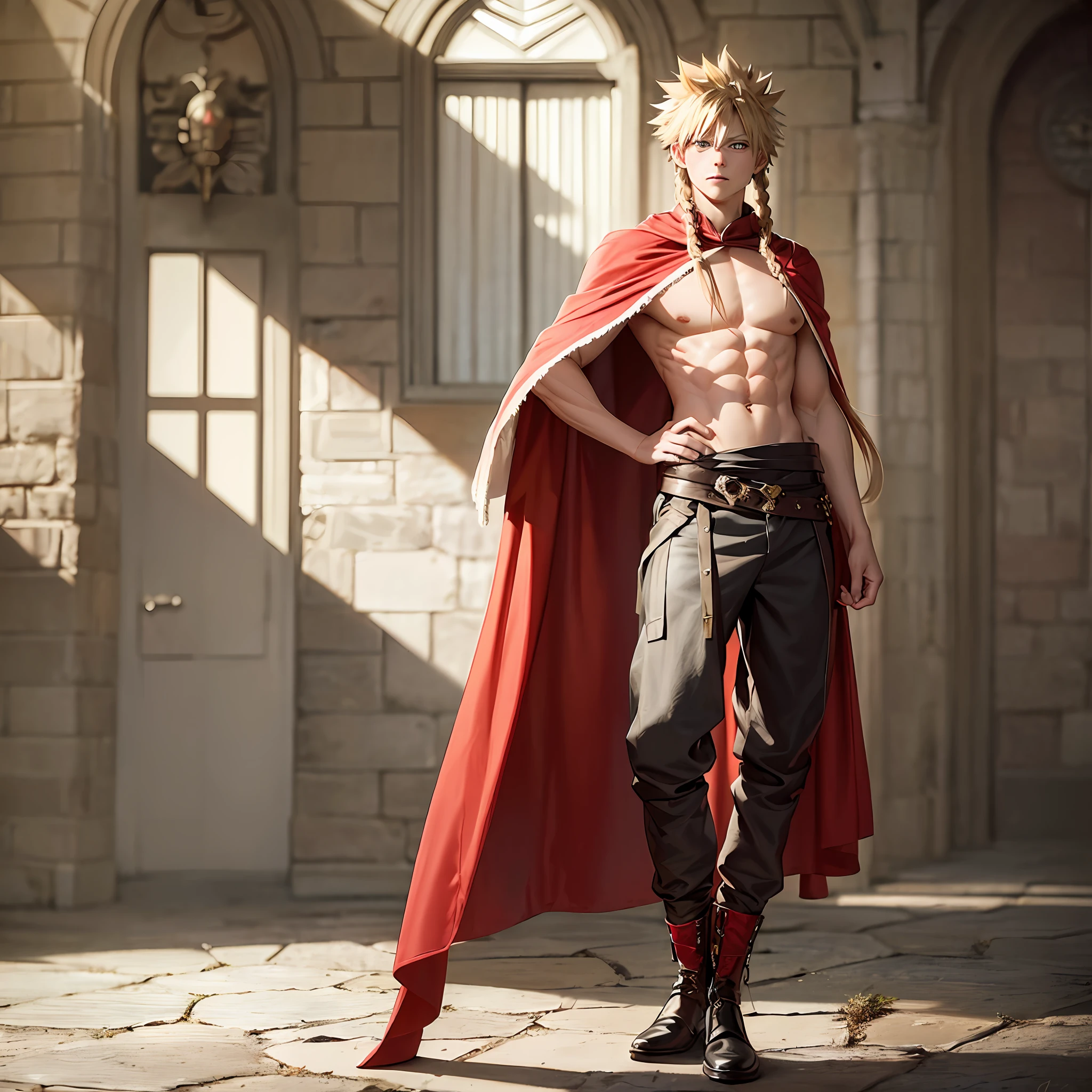 Bakugou Katsuki, long blonde hair with braids, red eyes, he is dressed in medieval pants, is shirtless, but wears a cape with animal fur, perfect appearance, high resolution, full body. Set in a medieval castle made of marble. His expression is pretentious.