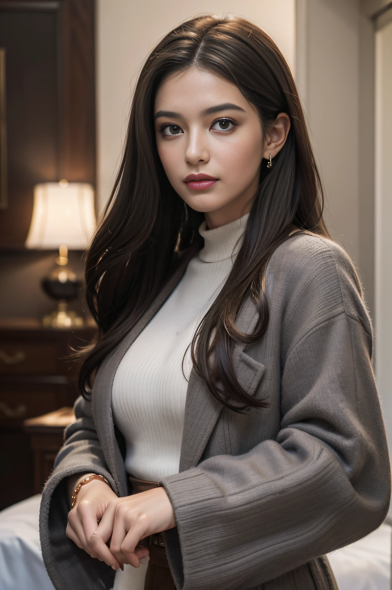 ((masterpiece)), ((best quality)), (super detail), (very detail)), 4K, (8K), best quality, (beautiful), realistic, realistic photography, absurdity, trends for fall/winter 2023, combination of gray and chocolate brown, party style with formal look, triumphant look, self-righteous look, self-satisfied expression, natural light, round face, pretty beauty,