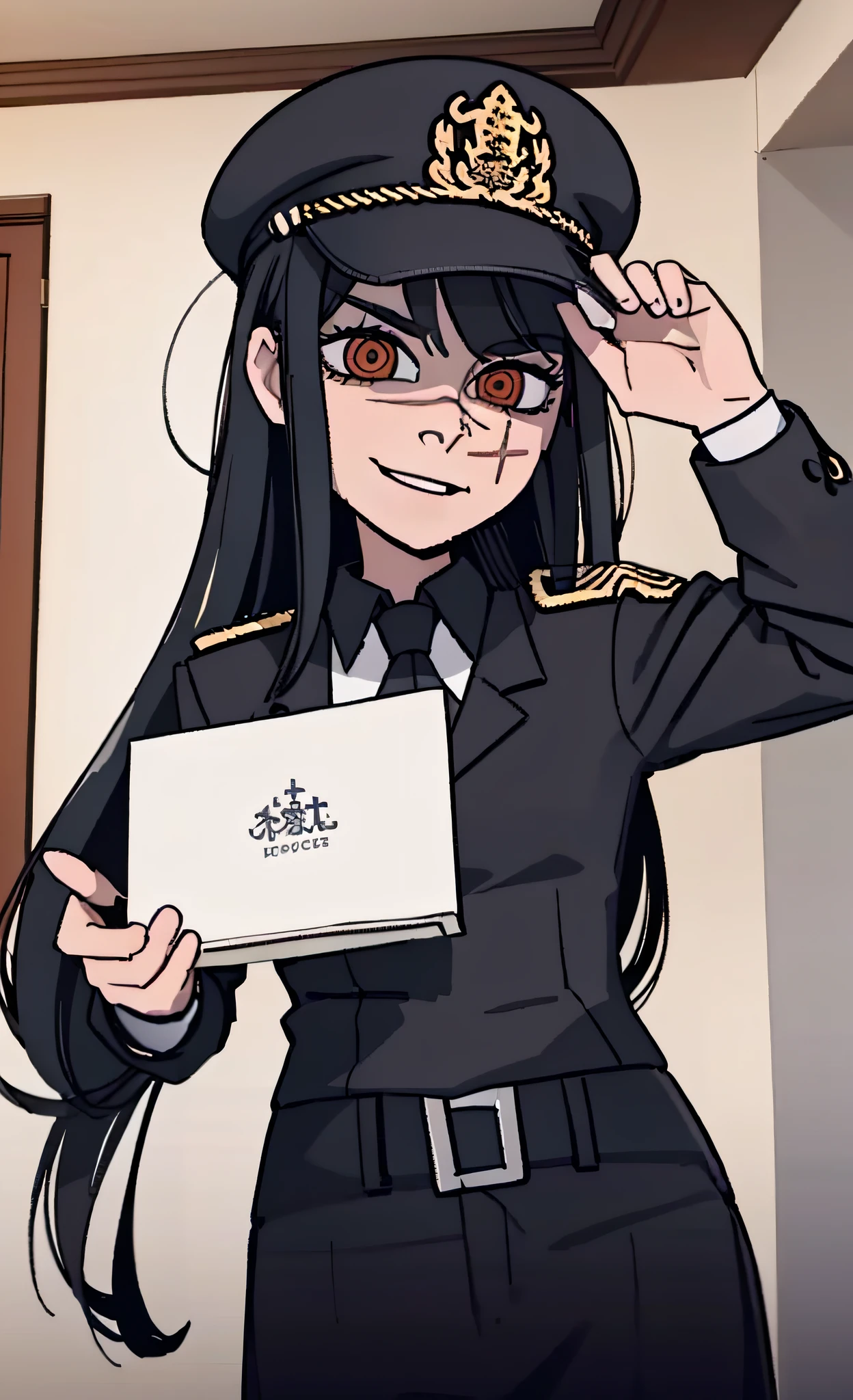 (masterpiece, best quality: 1.2), Solo, 1girl, Yoru \(Chainsaw Man\), looking at the viewer, smile, happy, different poses, red eye, long hair, completely black hair, reference to clothing of a German WWII general, black long sleeves (best quality), scar on face, beautiful eyes, has only 2 arms, has war medals on his clothes, Black Military Cap, Golden Eagle Medal on Clothing, (Wallpaper), (8K HD), (8K HD), Golden Shoulder Pads, Sprites, 1 Single Design