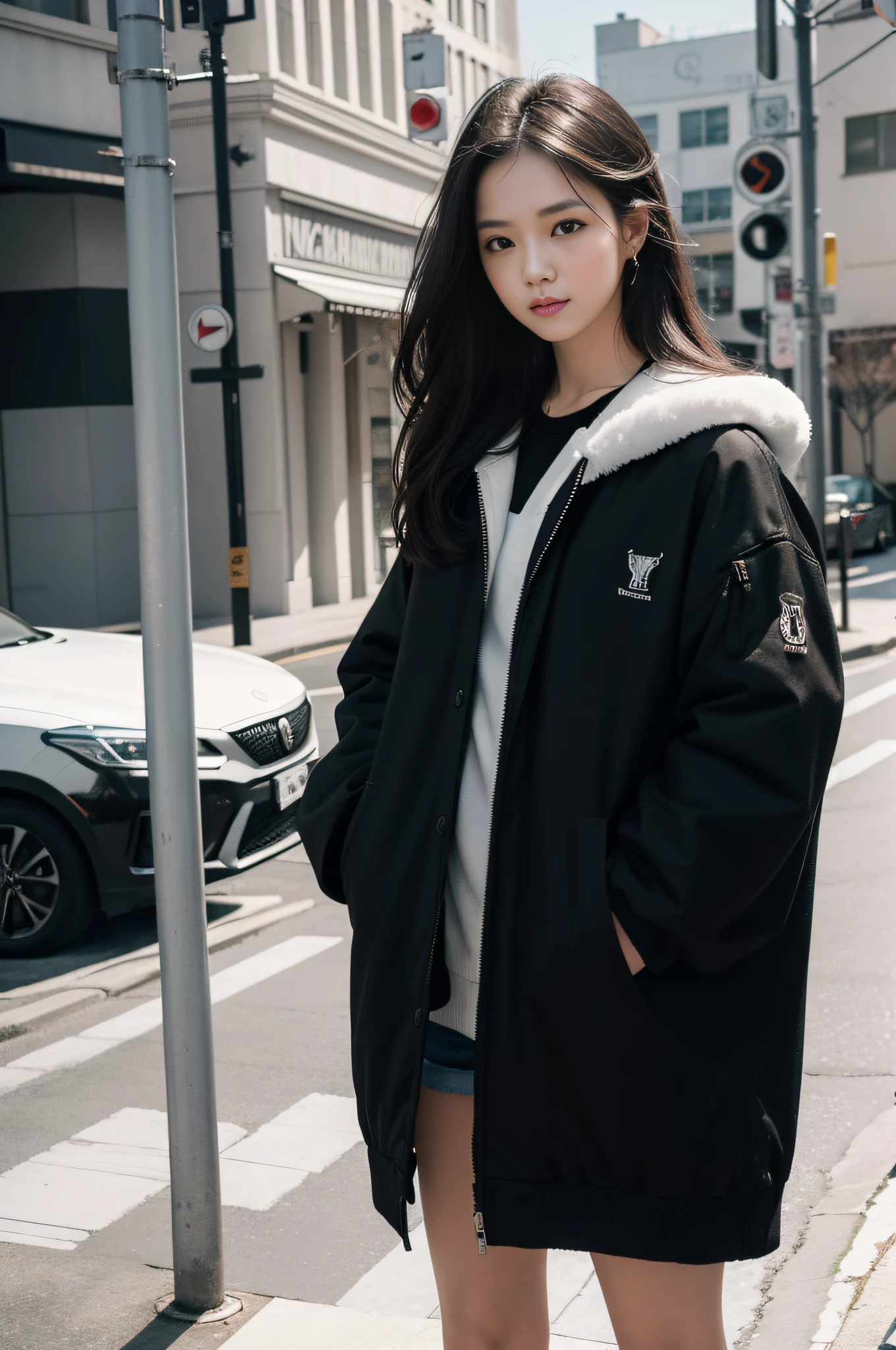 ((Masterpiece)), ((Best Quality)), (Super Detail), ((Very Detail)), 4K, (8K), Best Quality, (Beautiful), Realistic, Realistic Photography, Absurdity, Fall/Winter 2023 Trends, Black and White Combination, Casual Look Date Style, Triumphant Look, Self-Righteous Look, Self-satisfied Expression, Natural Light, Round Face, Pretty Beauty,